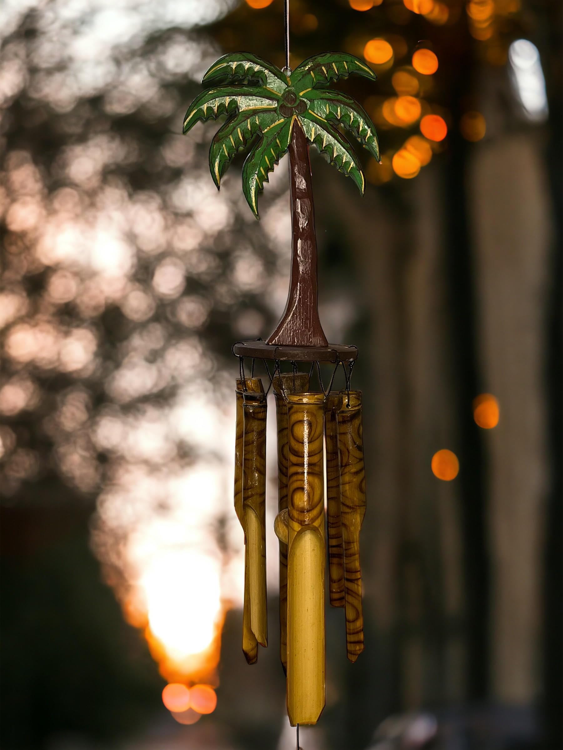 Coconut/Palm Tree Windchime – Large Rustic Tropical Bamboo & Wood with Unique Spiral Finished Chimes – Relaxing Calming Deep Tones