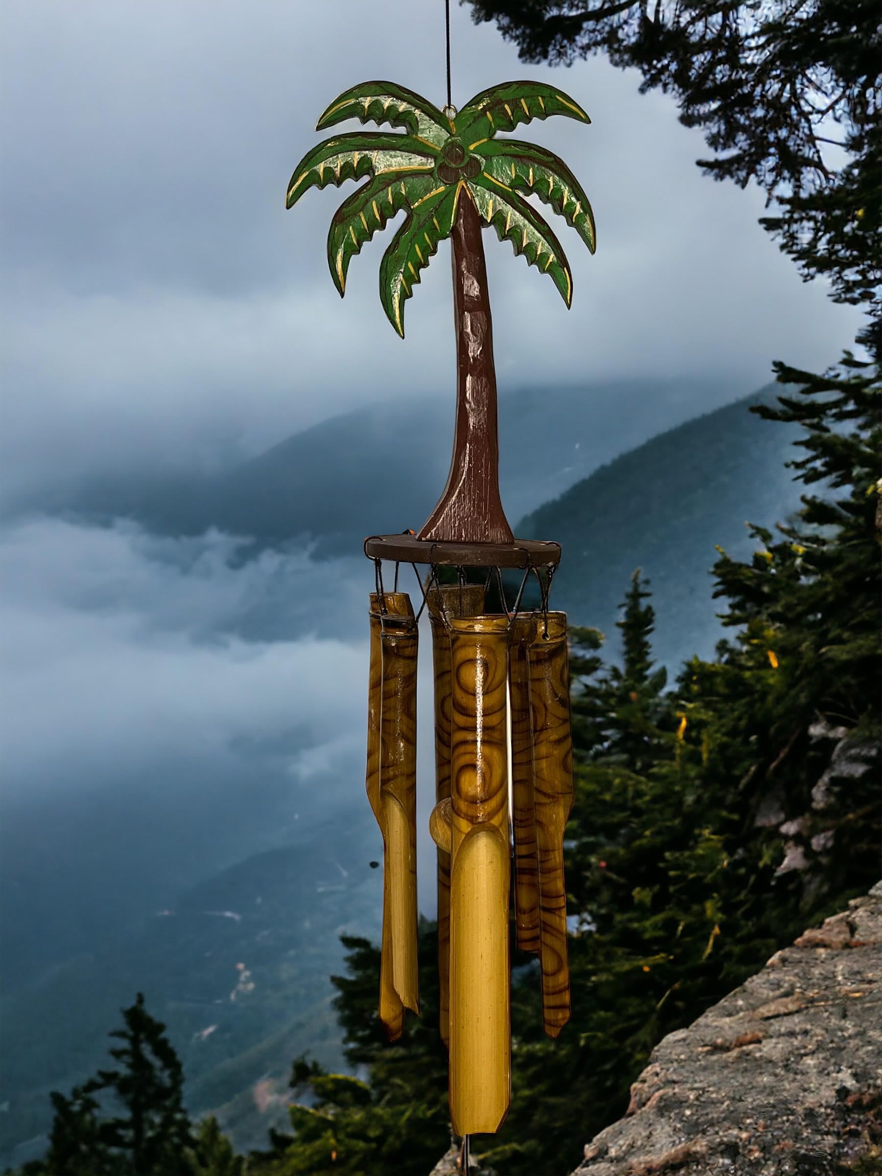 Coconut/Palm Tree Windchime – Large Rustic Tropical Bamboo & Wood with Unique Spiral Finished Chimes – Relaxing Calming Deep Tones