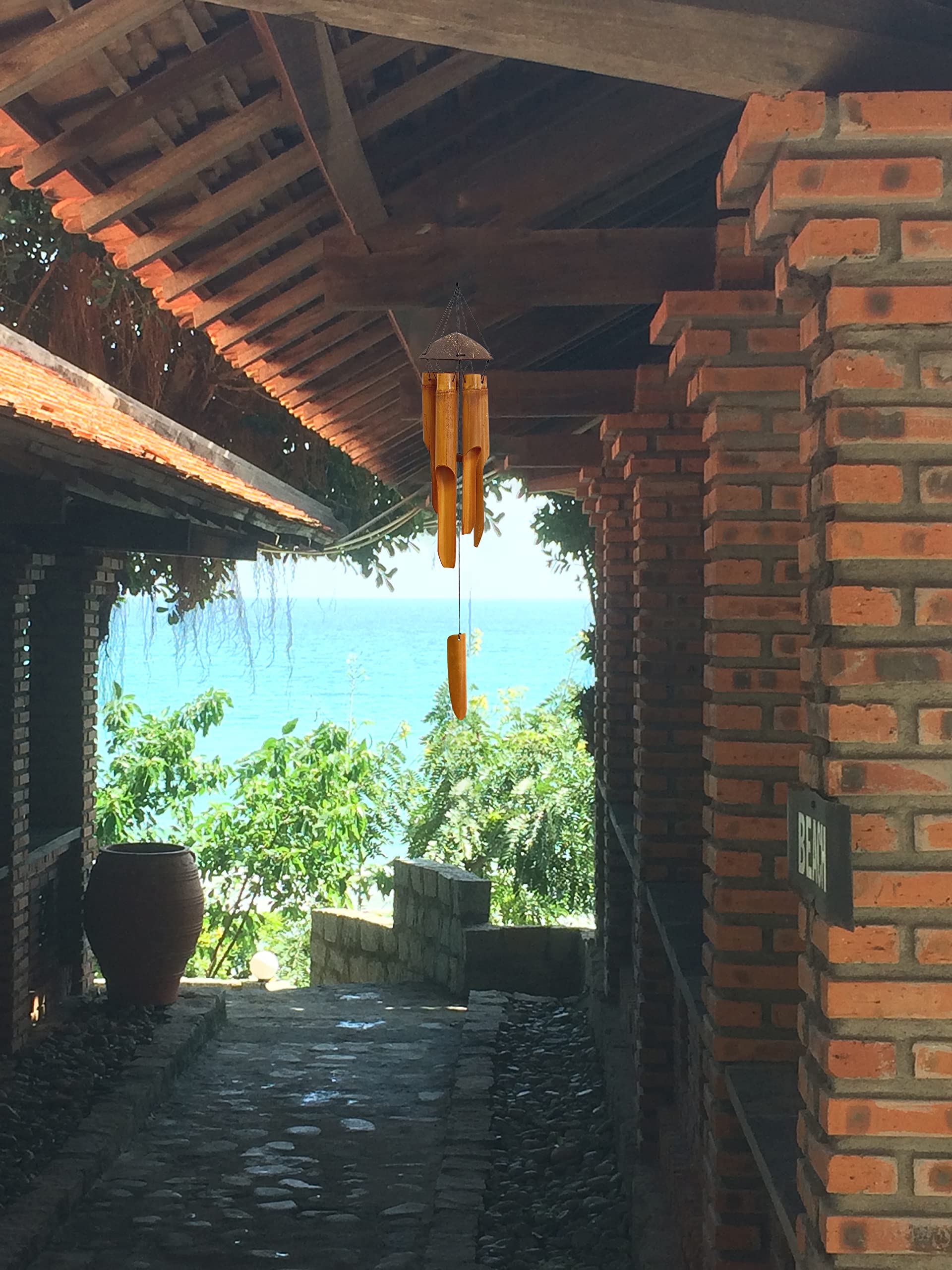 Handmade Wind Chimes 5 Bamboo Bell Tubes, Half Coconut Wood Top, Low Deep Tone Wooden Chimes Outdoor Indoor Home Décor 25 inch