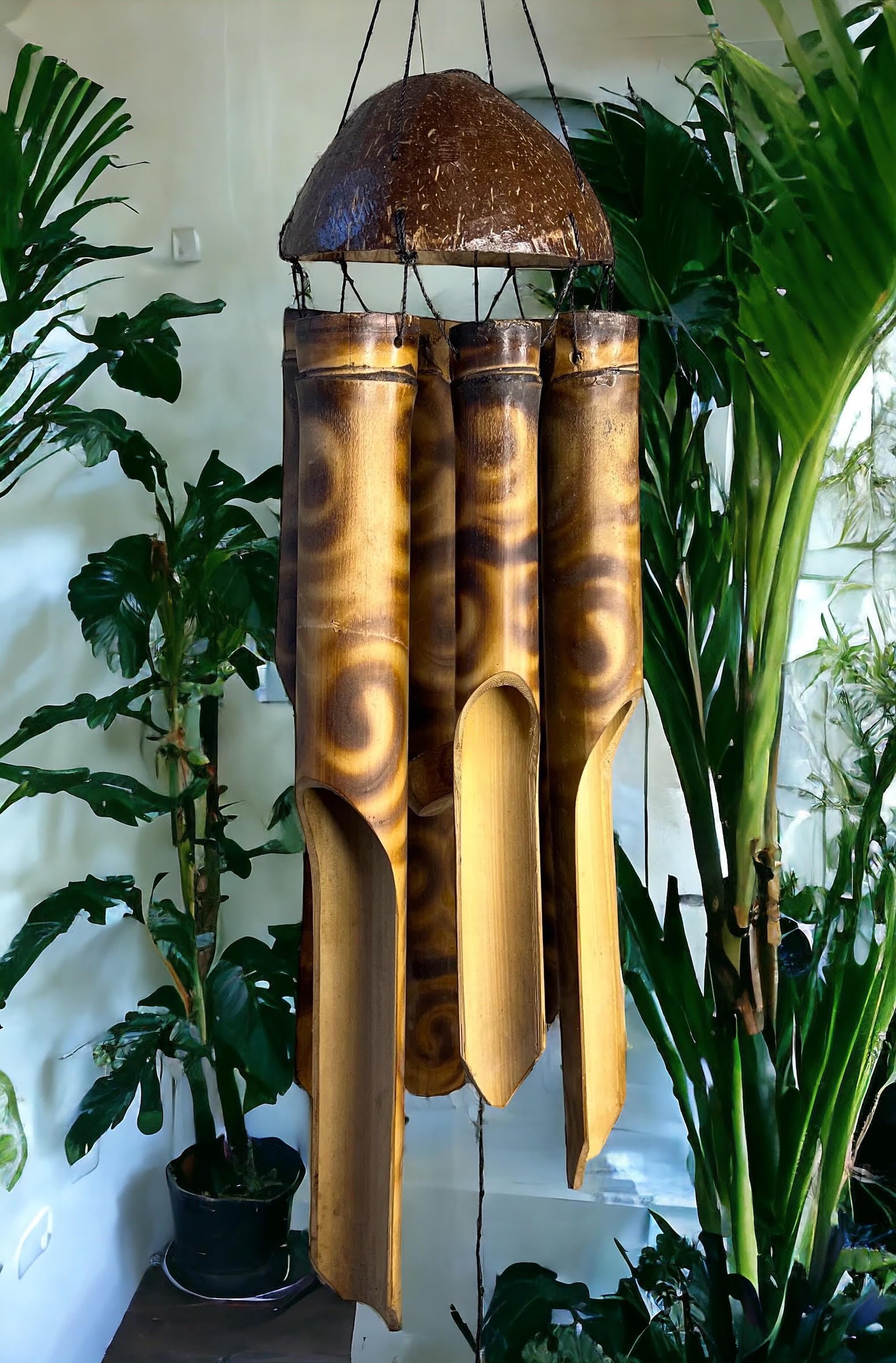 Large 39” Bamboo Windchime with Rustic Tropical Coconut Topper – Jumbo Thick Chimes with Ornate Spiral Pattern – Hanging Outdoor Garden Porch Décor – Deep Relaxing Calming Tones
