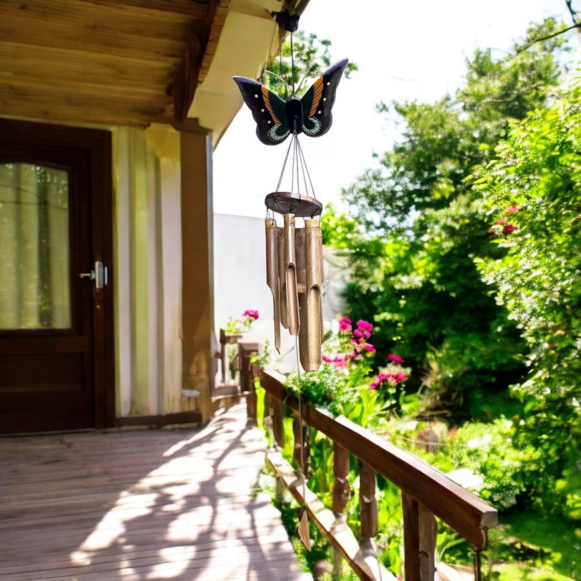 Butterfly Bamboo Wind Chime – Handcrafted 39” Hanging Outdoor Windchime with Colorful Carved Wood Topper & Relaxing Sound – Natural Bamboo Garden Décor for Porch, Patio, or Balcony