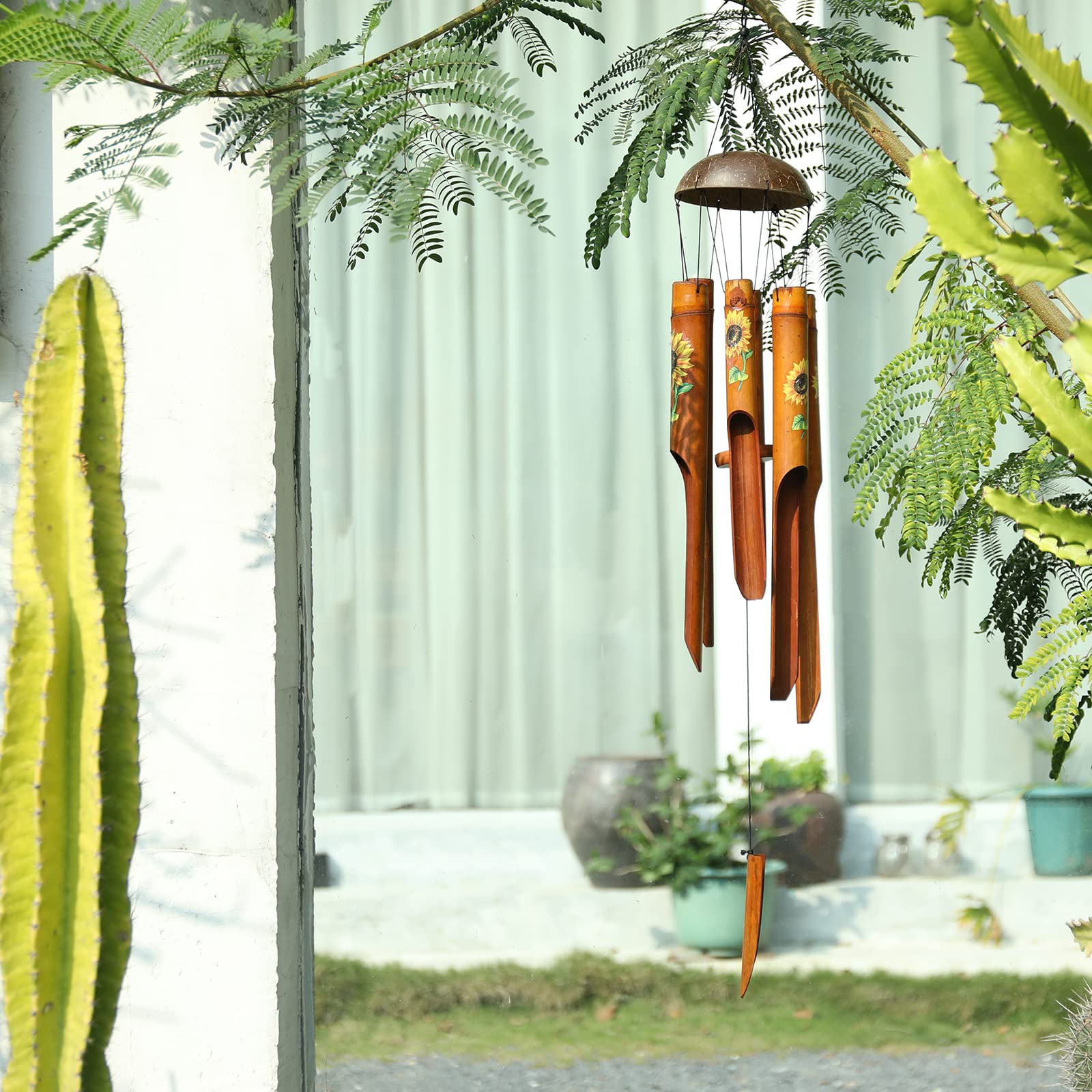 Afirst Bamboo Wind Chimes, Outdoor Wooden Windchimes with Coconut Crown,Sunflower Print Design Handcrafted Memorial Sympathy Gift for Garden, Patio, Home or Outdoor Decor, 38"