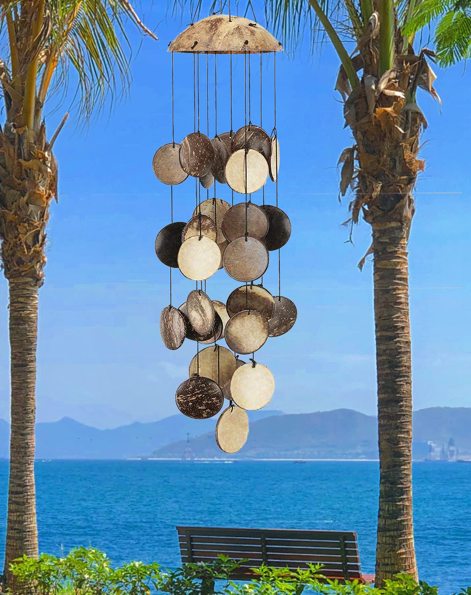 Coconut Shell Wind Chimes Outdoor, Handmade Wooden Wind Chimes Bamboo for Outside, Half Coconut Wood Top, Low Deep Tone Wooden Chimes Outdoor Indoor Home Décor 29 inch