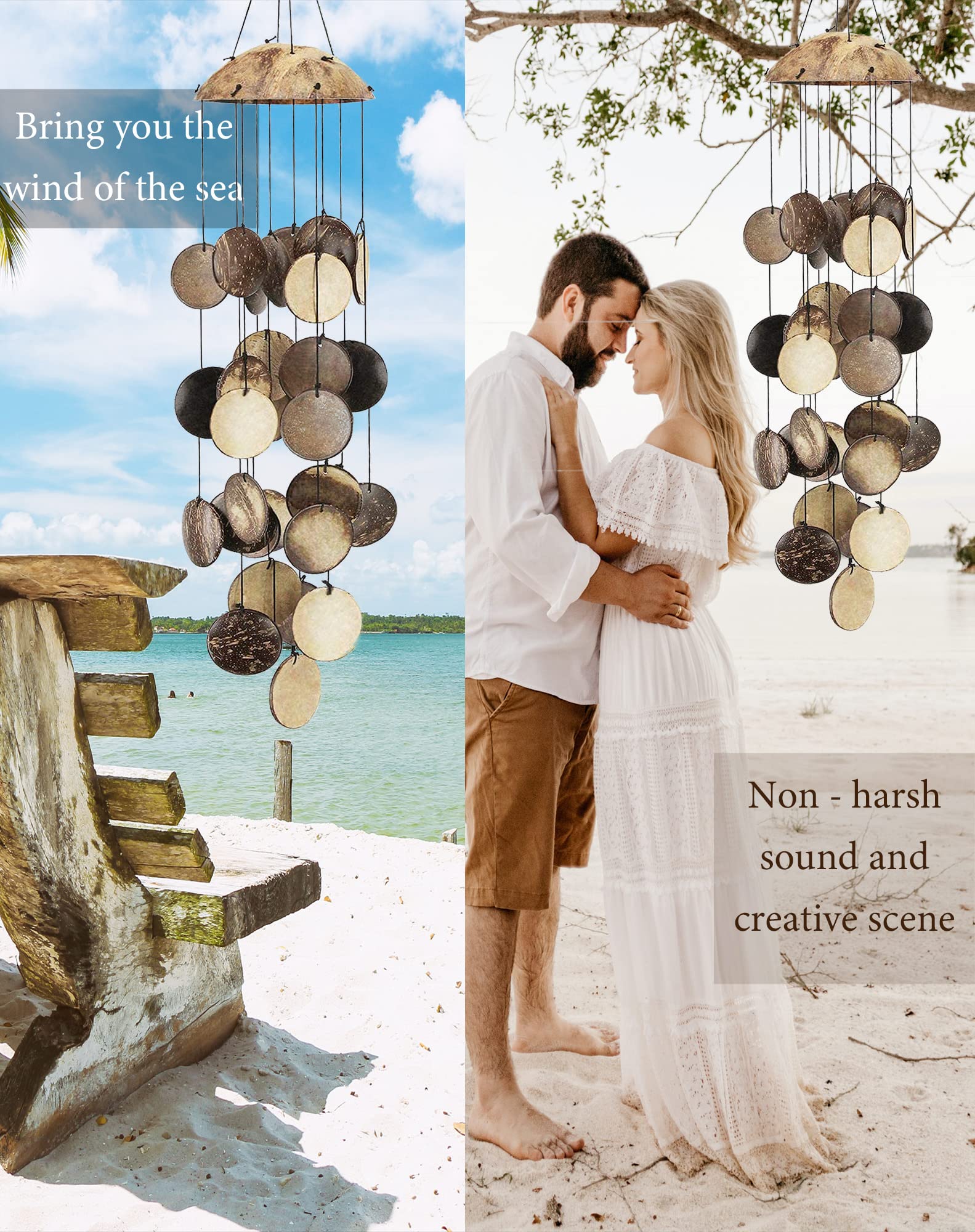 Coconut Shell Wind Chimes Outdoor, Handmade Wooden Wind Chimes Bamboo for Outside, Half Coconut Wood Top, Low Deep Tone Wooden Chimes Outdoor Indoor Home Décor 29 inch