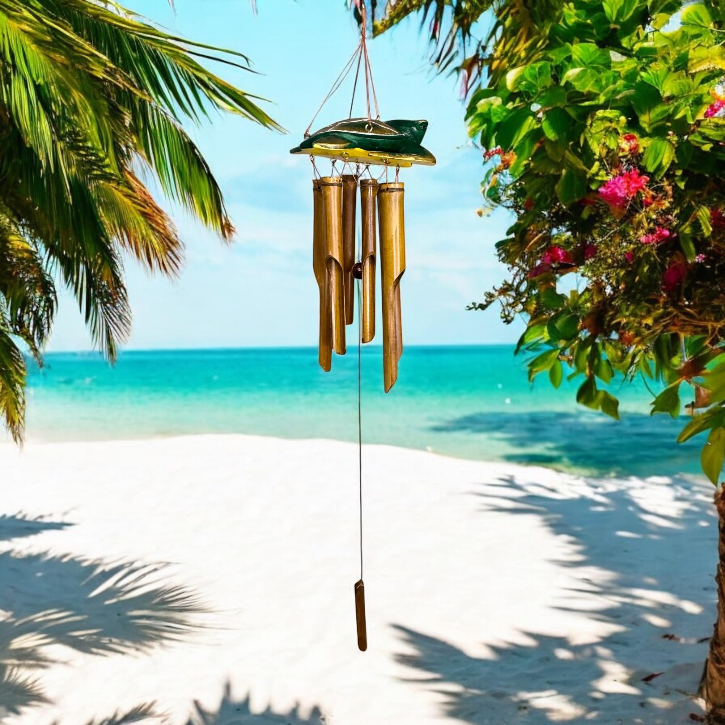 Whimsical Sea Turtle Bamboo and Wood Windchime – Outdoor Decorative Wind Chime – Funky Green Turtle Topper – Natural Calming Relaxing Sound