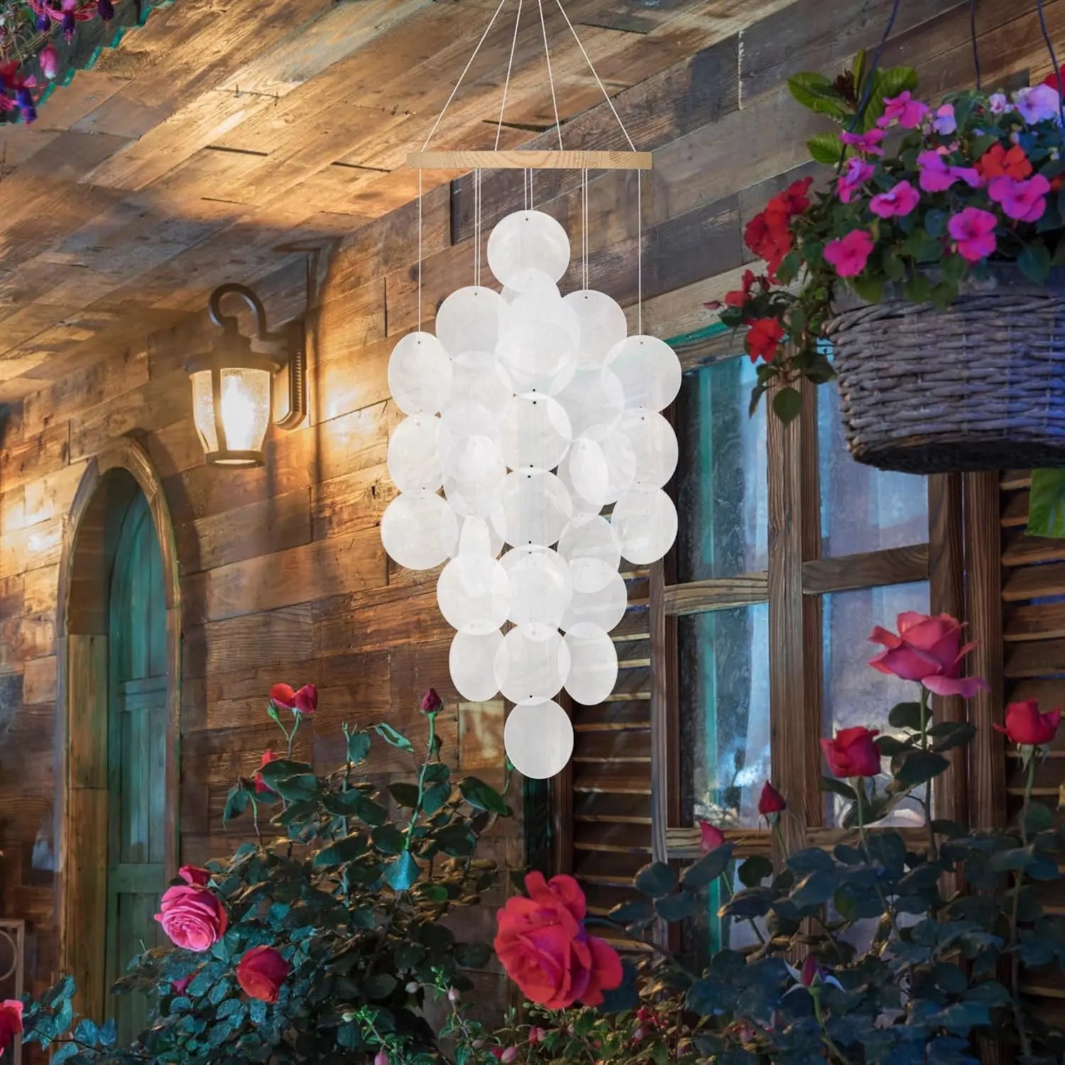 Seashell Wind Chimes for Outside - Handcrafted White Moon Shape Capiz Shells Windchime Bohemian & Coastal Style Decor