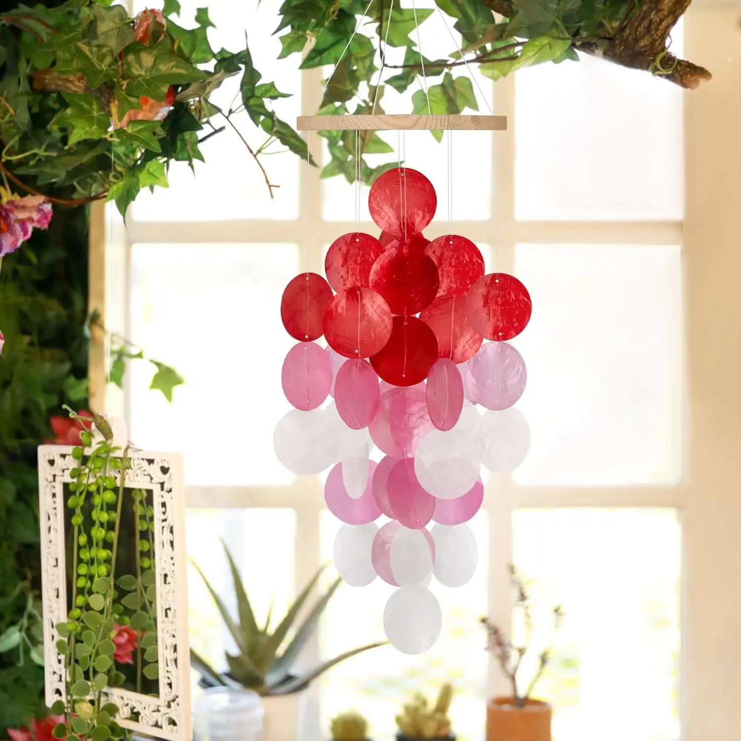 Seashell Wind Chimes for Outside - Handcrafted White Moon Shape Capiz Shells Windchime Bohemian & Coastal Style Decor