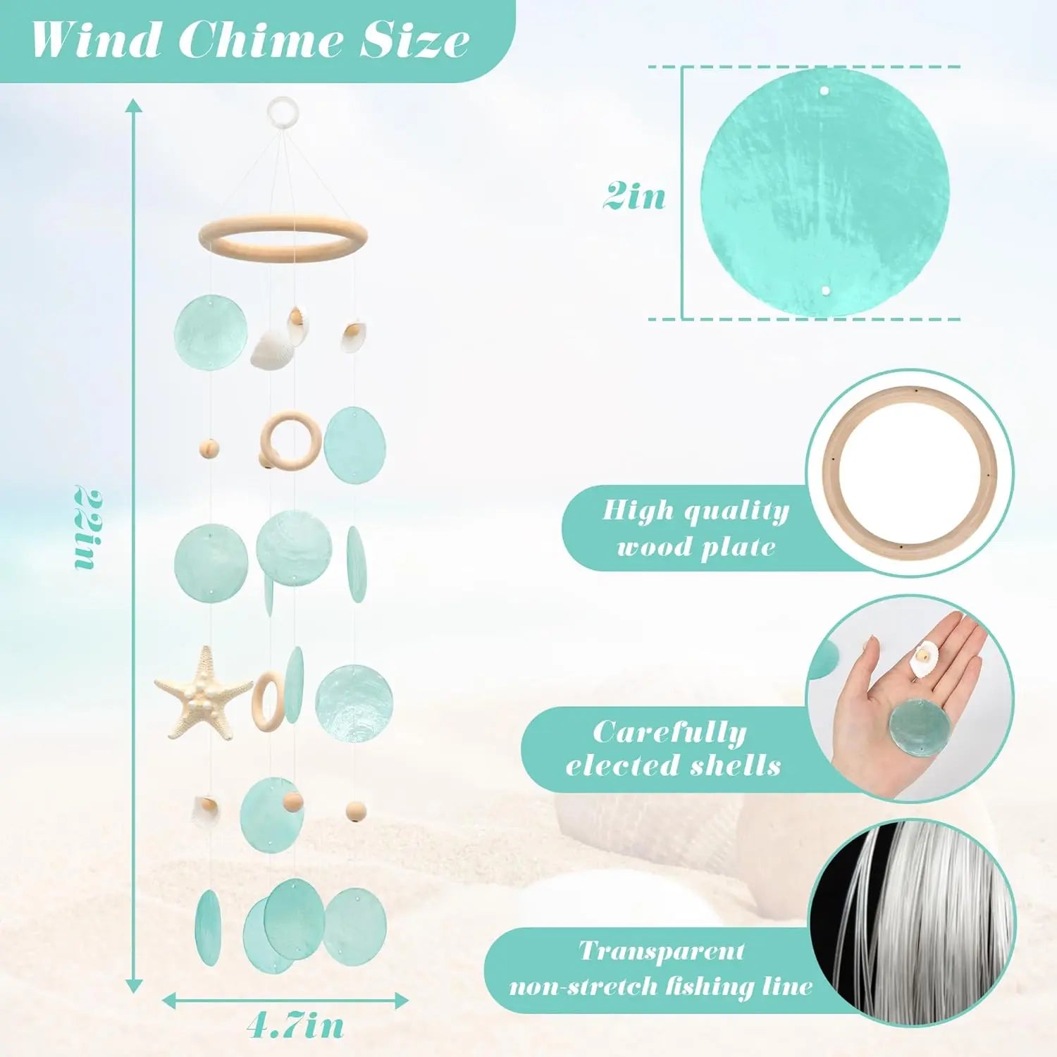 Sea Shells Wind Chimes - Handcrafted White Capiz Shells Windchime with Starfish, Coastal Style Decor for Indoor/Outdoors