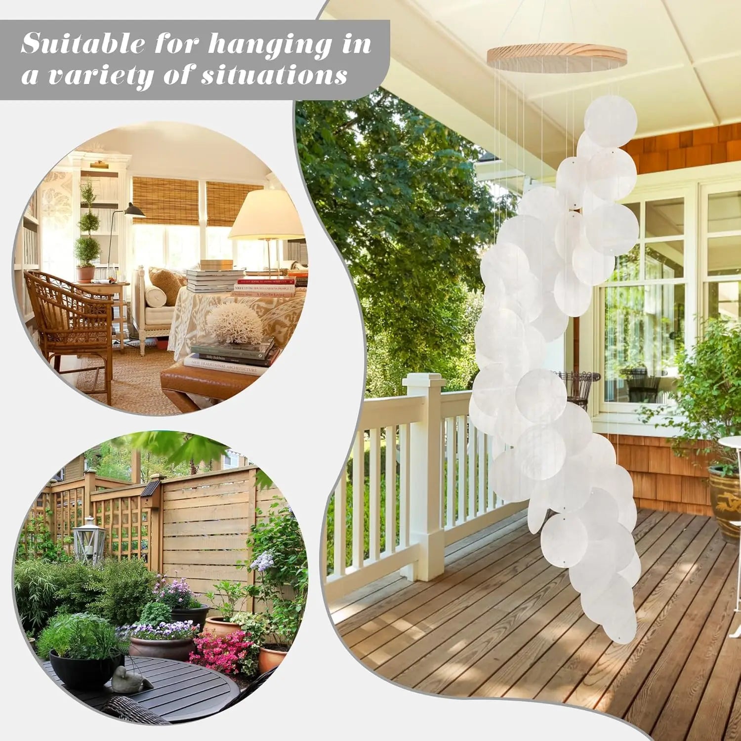 Seashell Wind Chimes for Outside - Handcrafted White Spiral Shape Capiz Shells Windchime Coastal Style Decor for Indoor/Outdoors