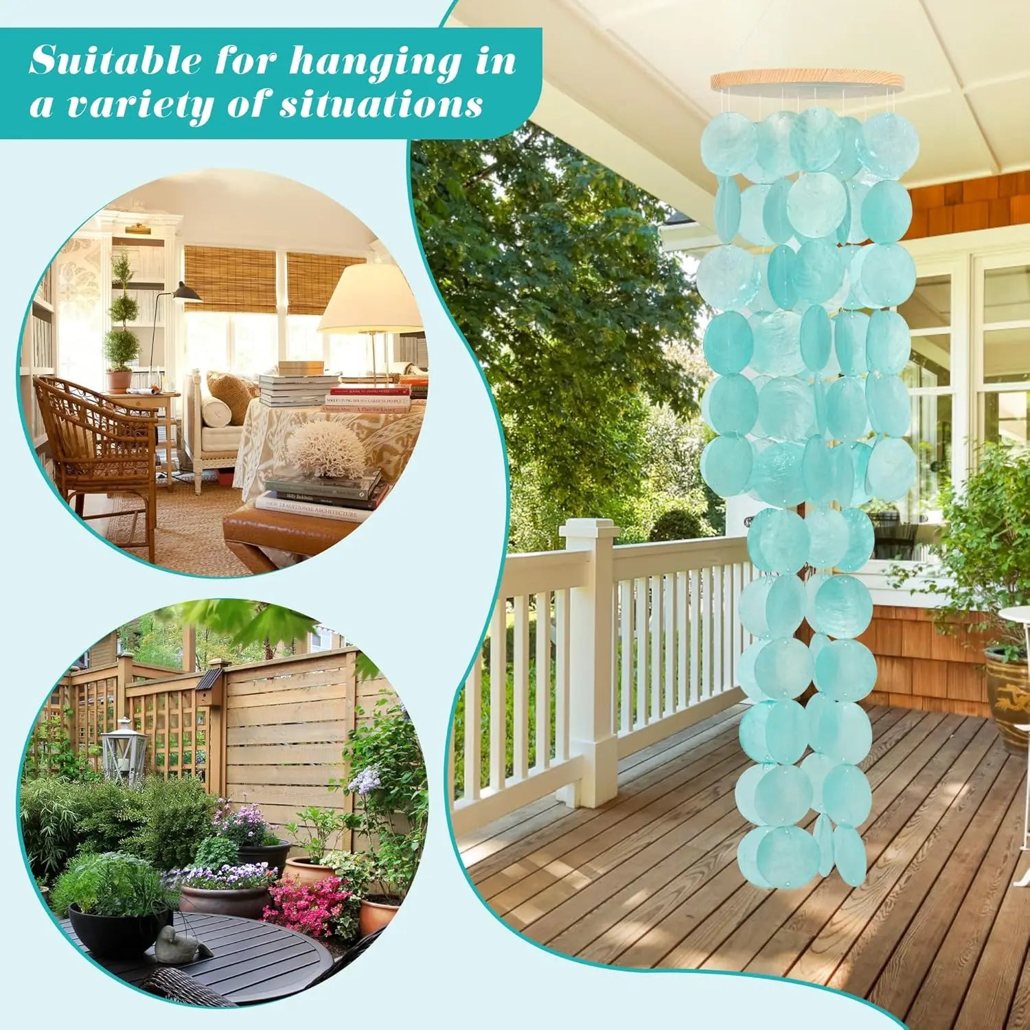 Wind Chimes for Outside - 31'' Handcrafted Turquoise Capiz Shells Windchime Coastal Style Decor