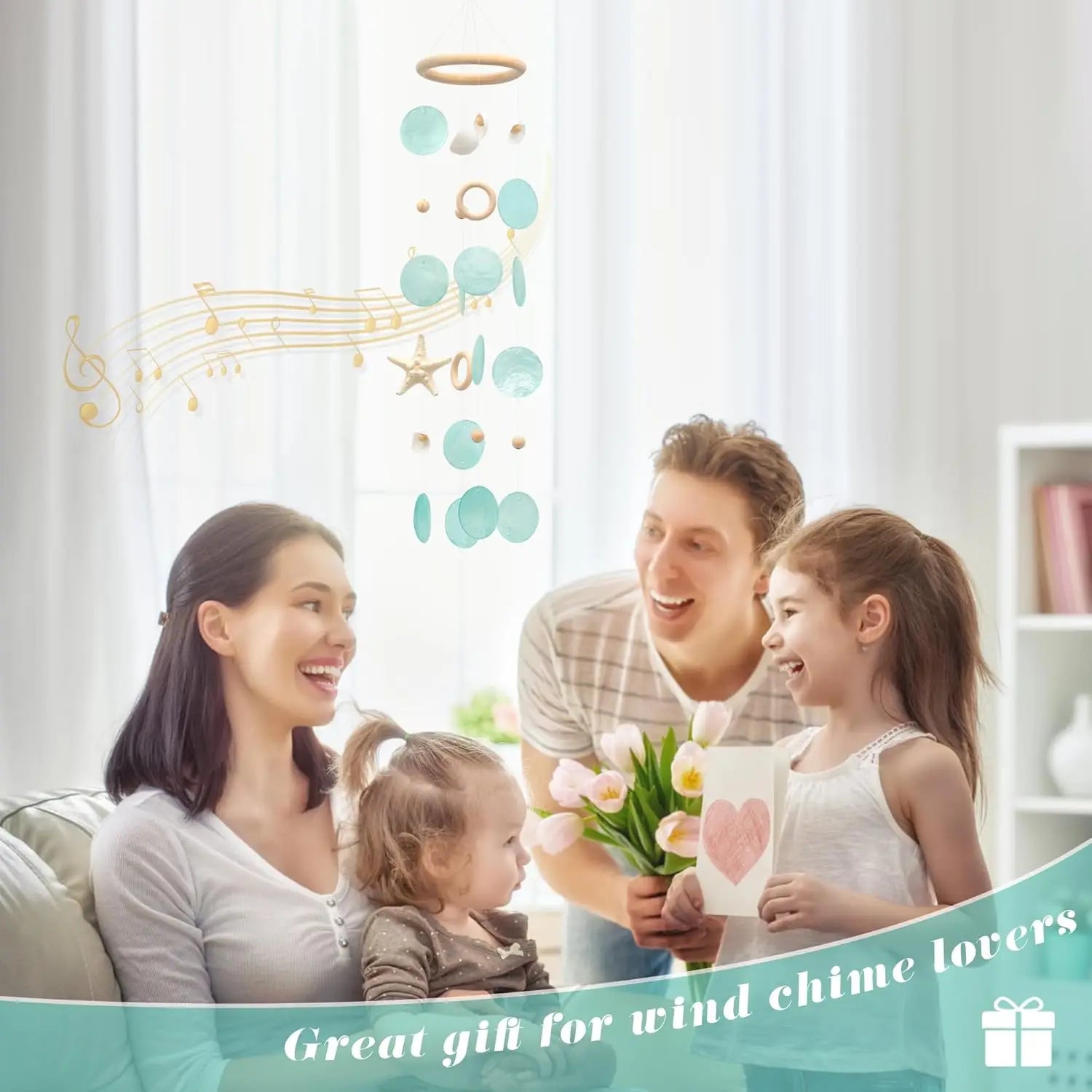 Sea Shells Wind Chimes - Handcrafted White Capiz Shells Windchime with Starfish, Coastal Style Decor for Indoor/Outdoors