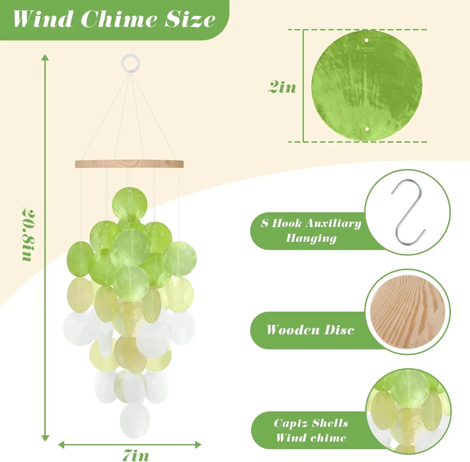 Seashell Wind Chimes for Outside - Handcrafted White Moon Shape Capiz Shells Windchime Bohemian & Coastal Style Decor