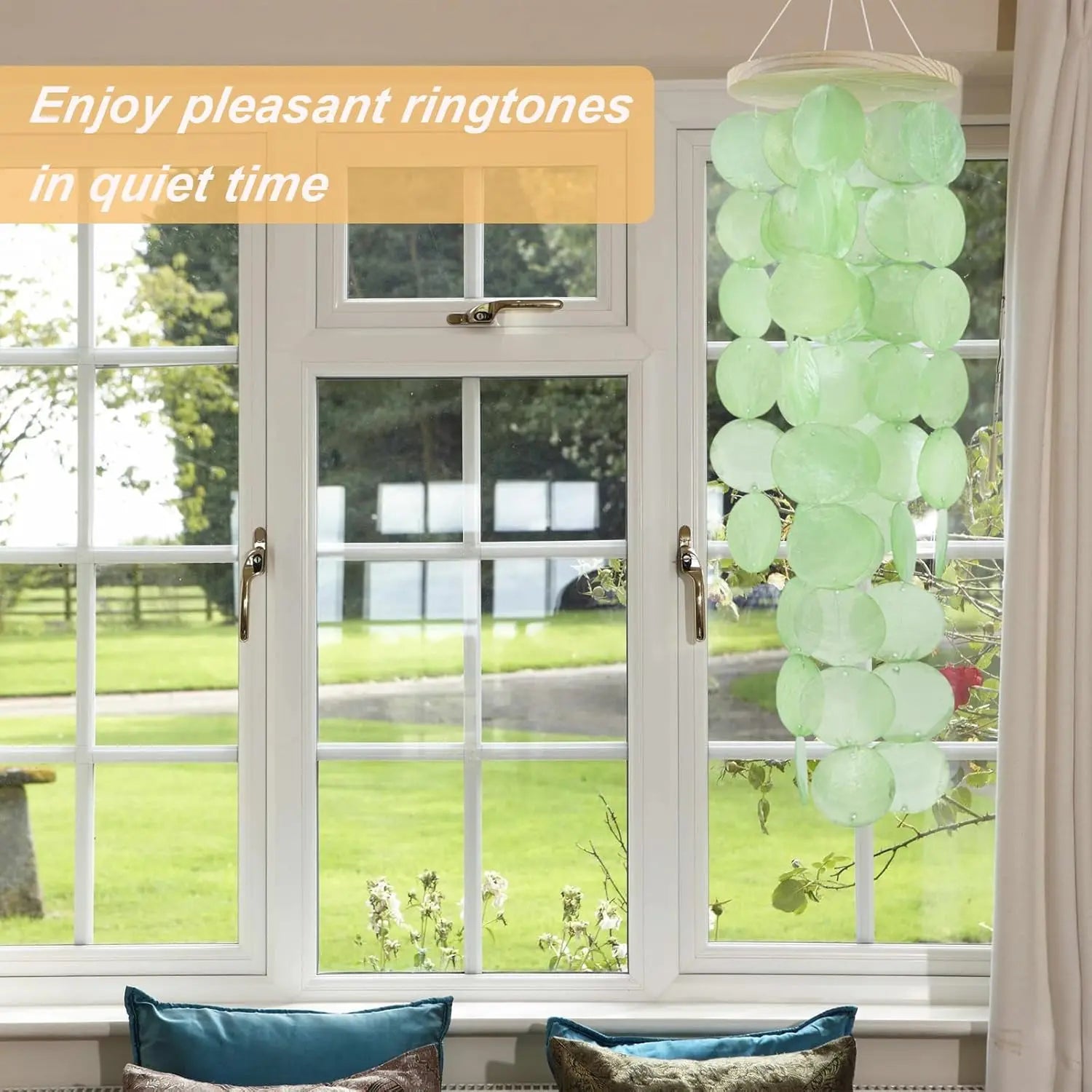 Wind Chimes for Outside, Handcrafted Green Capiz Shells Windchime Coastal Style Decor for Indoor/Outdoors
