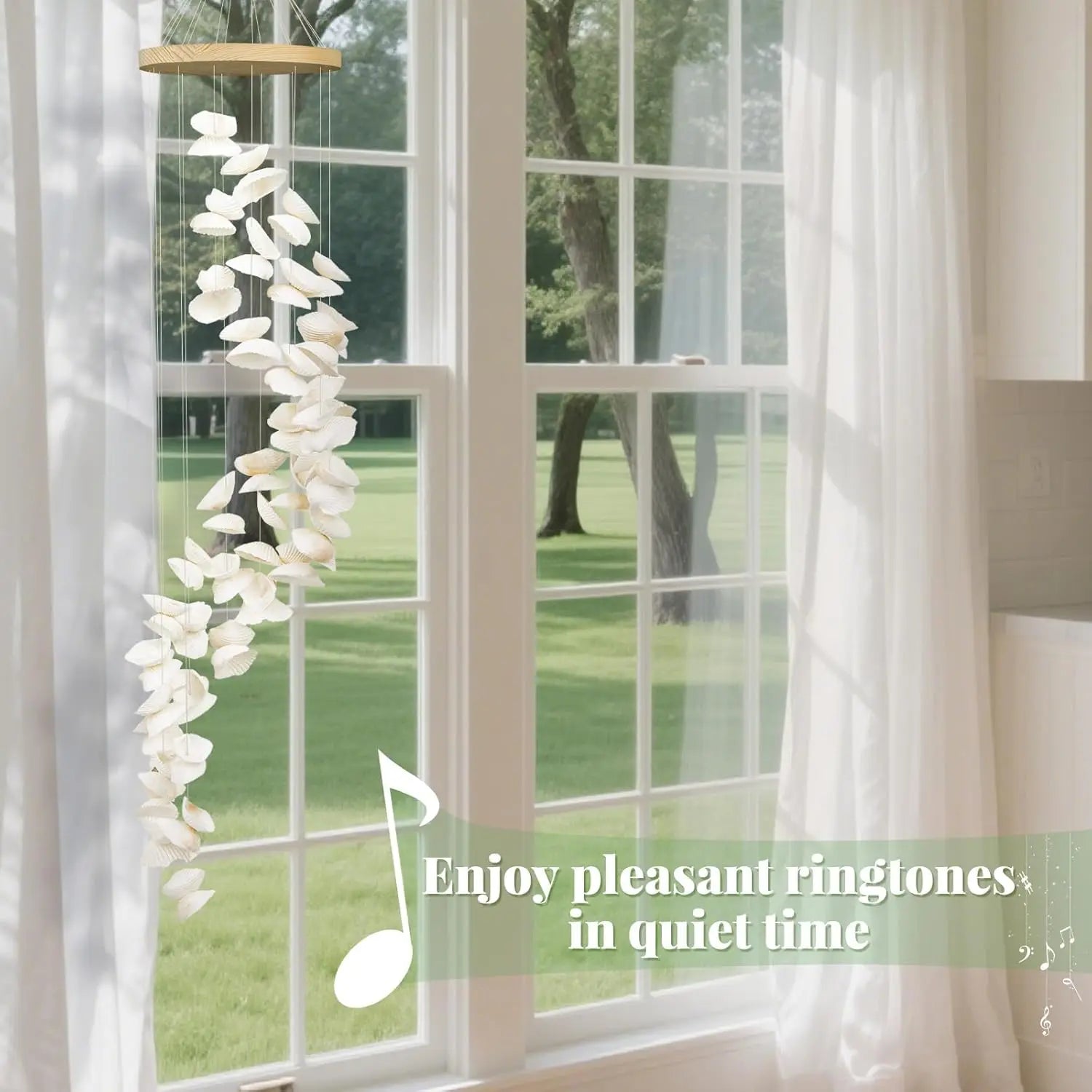 White Seashells Wind Chimes for Outside, Handmade Spiral Shape Beach Style Shells Windchime for Patio and Garden Hanging Decor