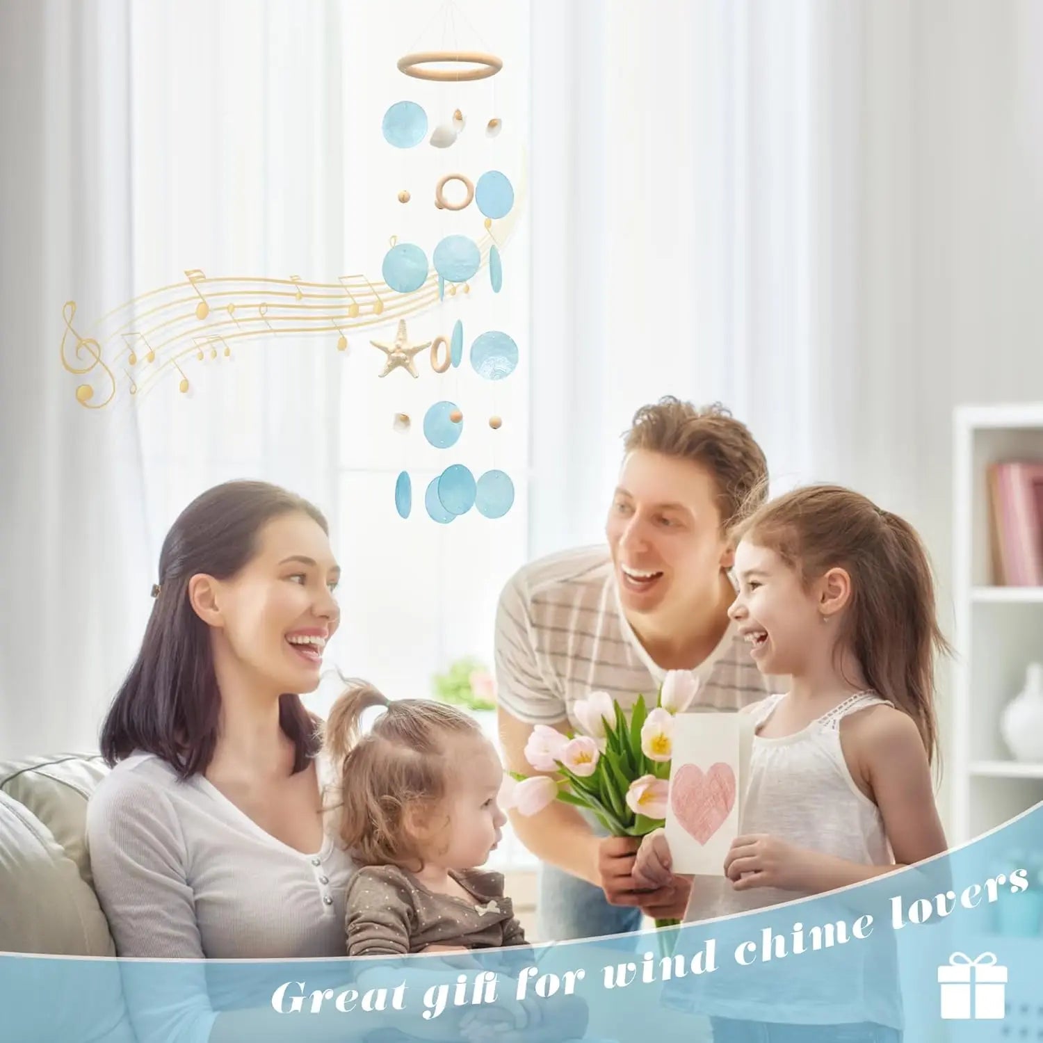 Sea Shells Wind Chimes - Handcrafted Blue Capiz Shells Windchime with Starfish, Coastal Style Decor for Indoor/Outdoors