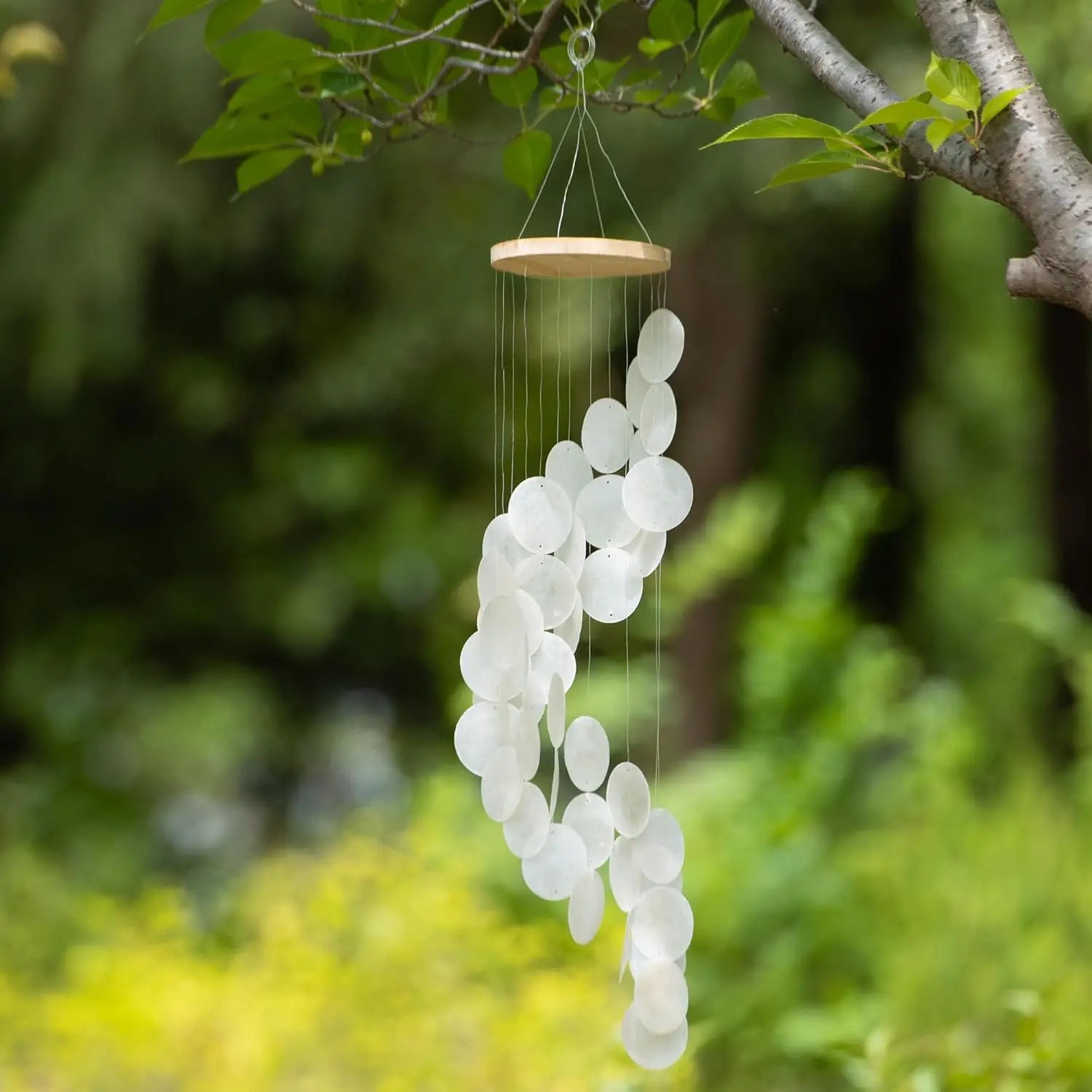 Seashell Wind Chimes for Outside - Handcrafted White Spiral Shape Capiz Shells Windchime Coastal Style Decor for Indoor/Outdoors
