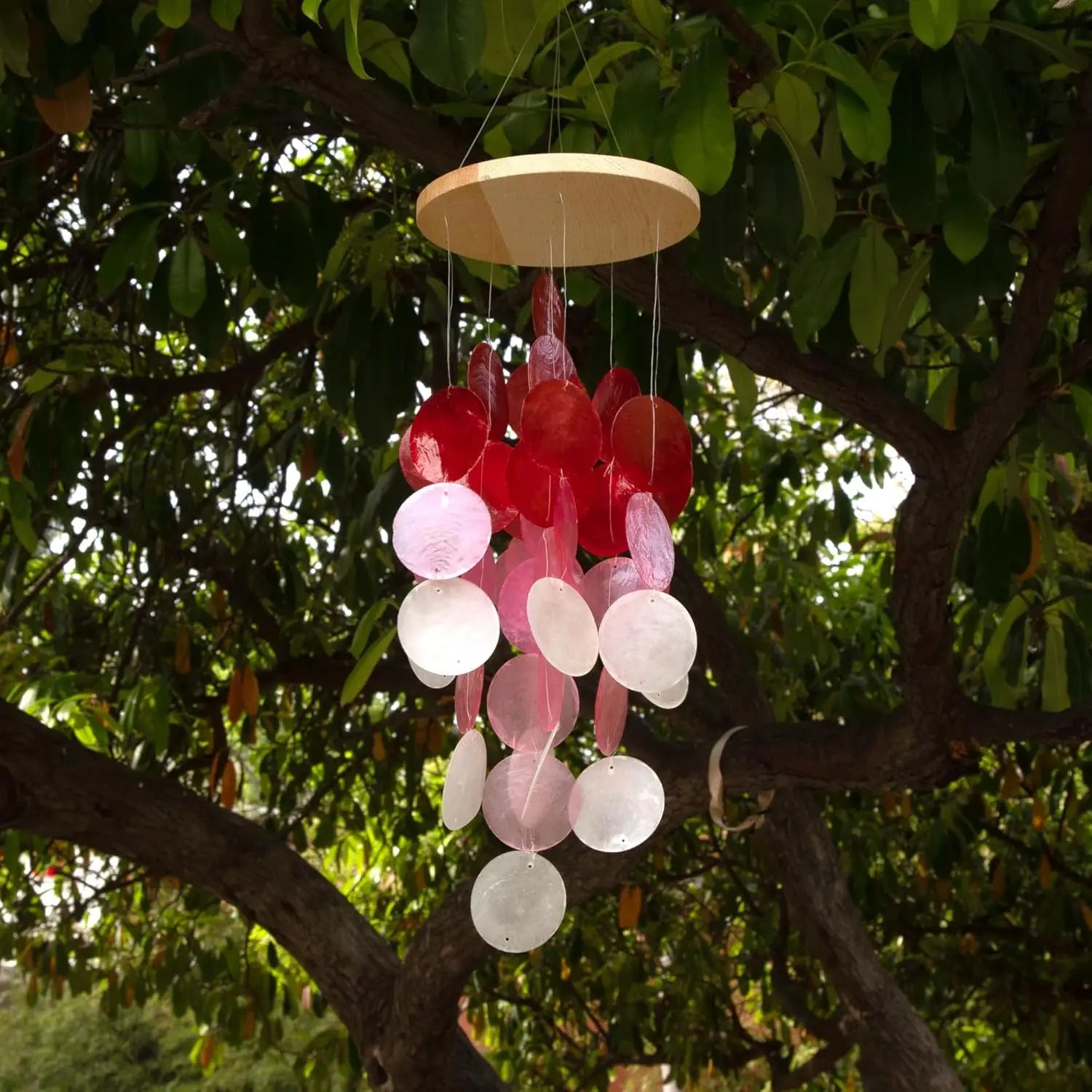 Seashell Wind Chimes for Outside - Handcrafted White Moon Shape Capiz Shells Windchime Bohemian & Coastal Style Decor