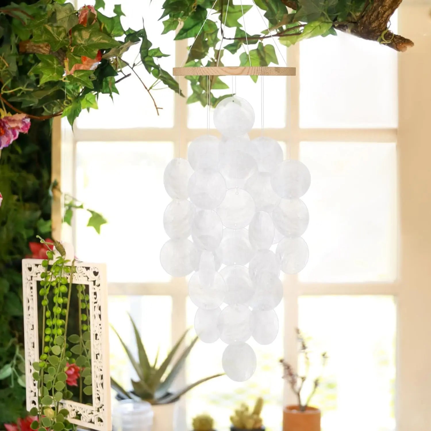 Seashell Wind Chimes for Outside - Handcrafted White Moon Shape Capiz Shells Windchime Bohemian & Coastal Style Decor