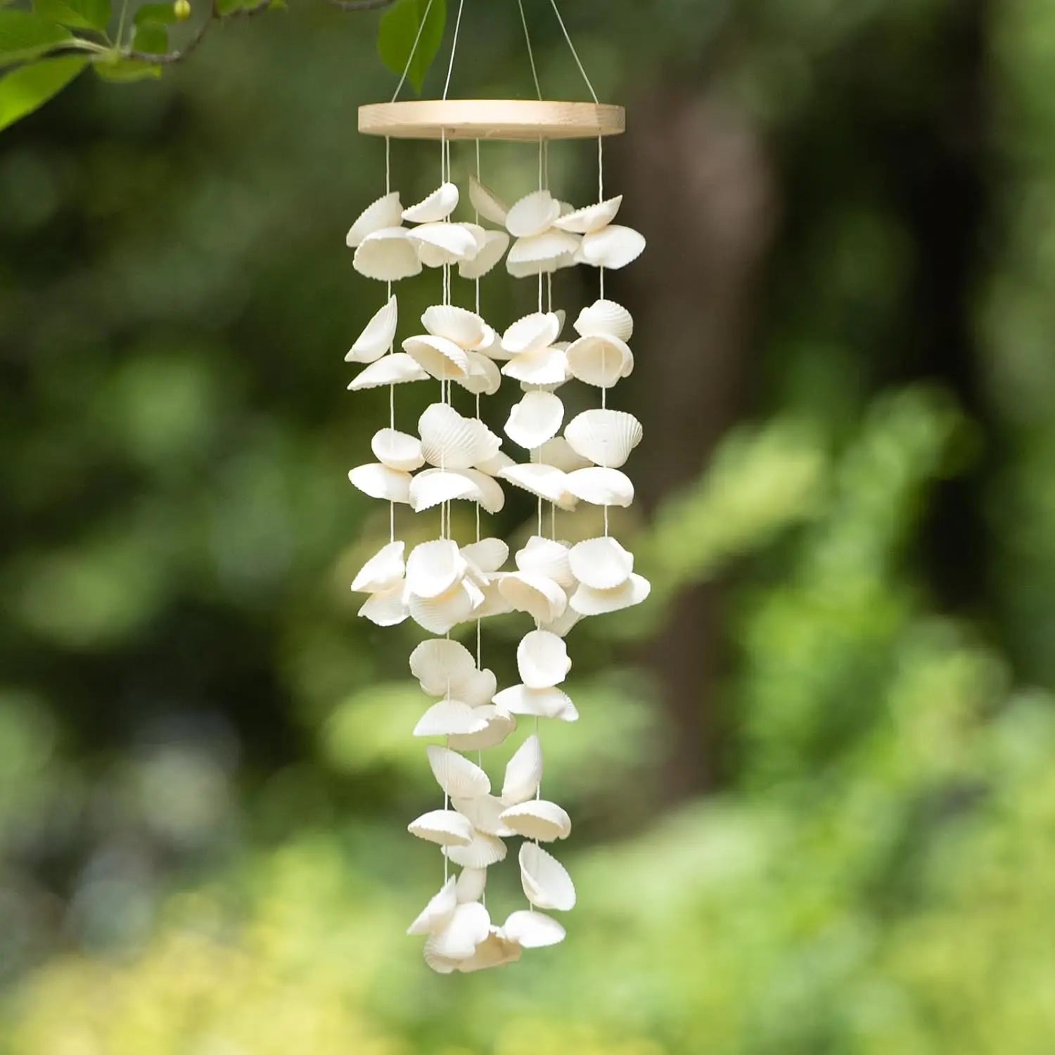 White Sea Shell Wind Chimes for Outside, Handmade Beach Style Windchime for Patio and Garden Decor,