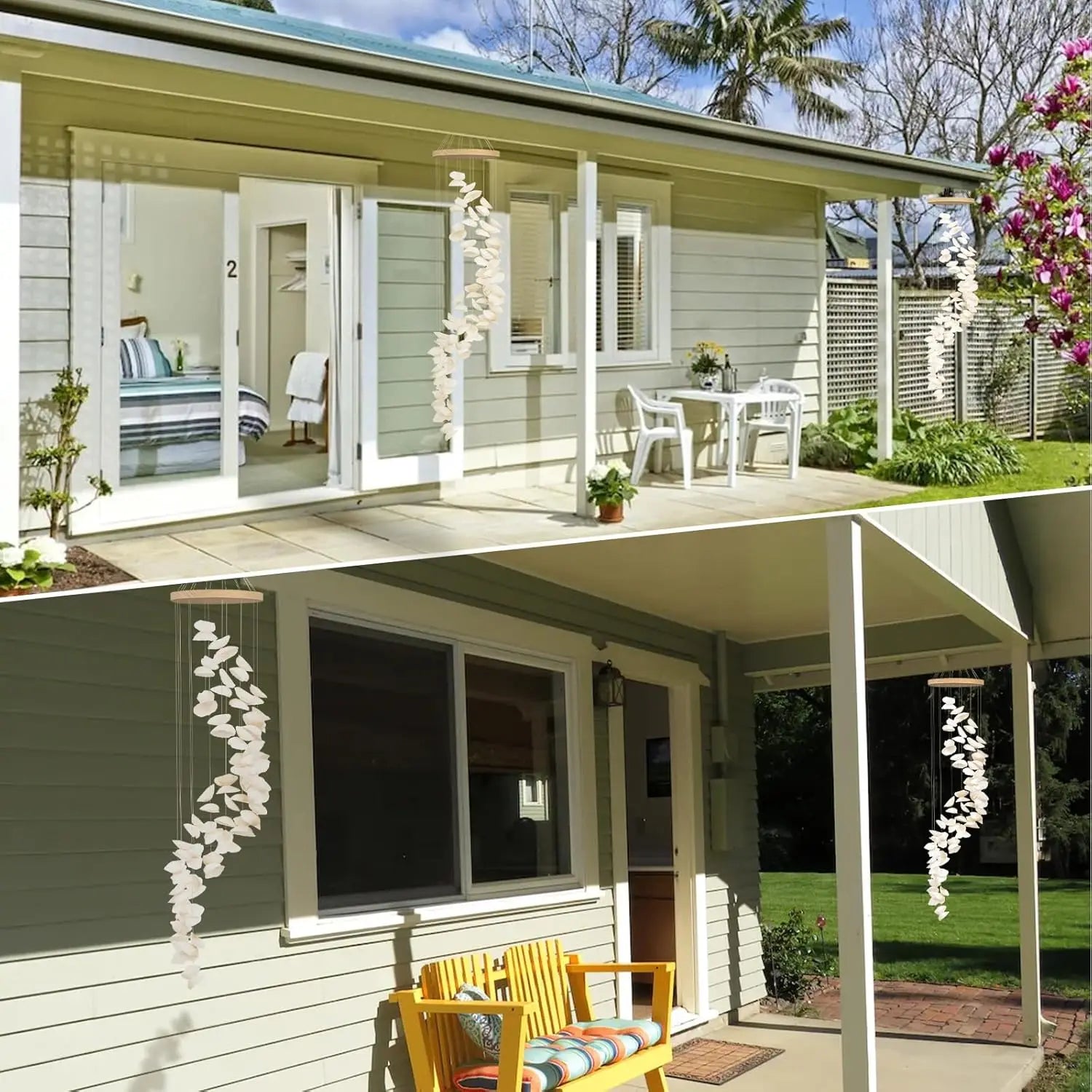 White Seashells Wind Chimes for Outside, Handmade Spiral Shape Beach Style Shells Windchime for Patio and Garden Hanging Decor