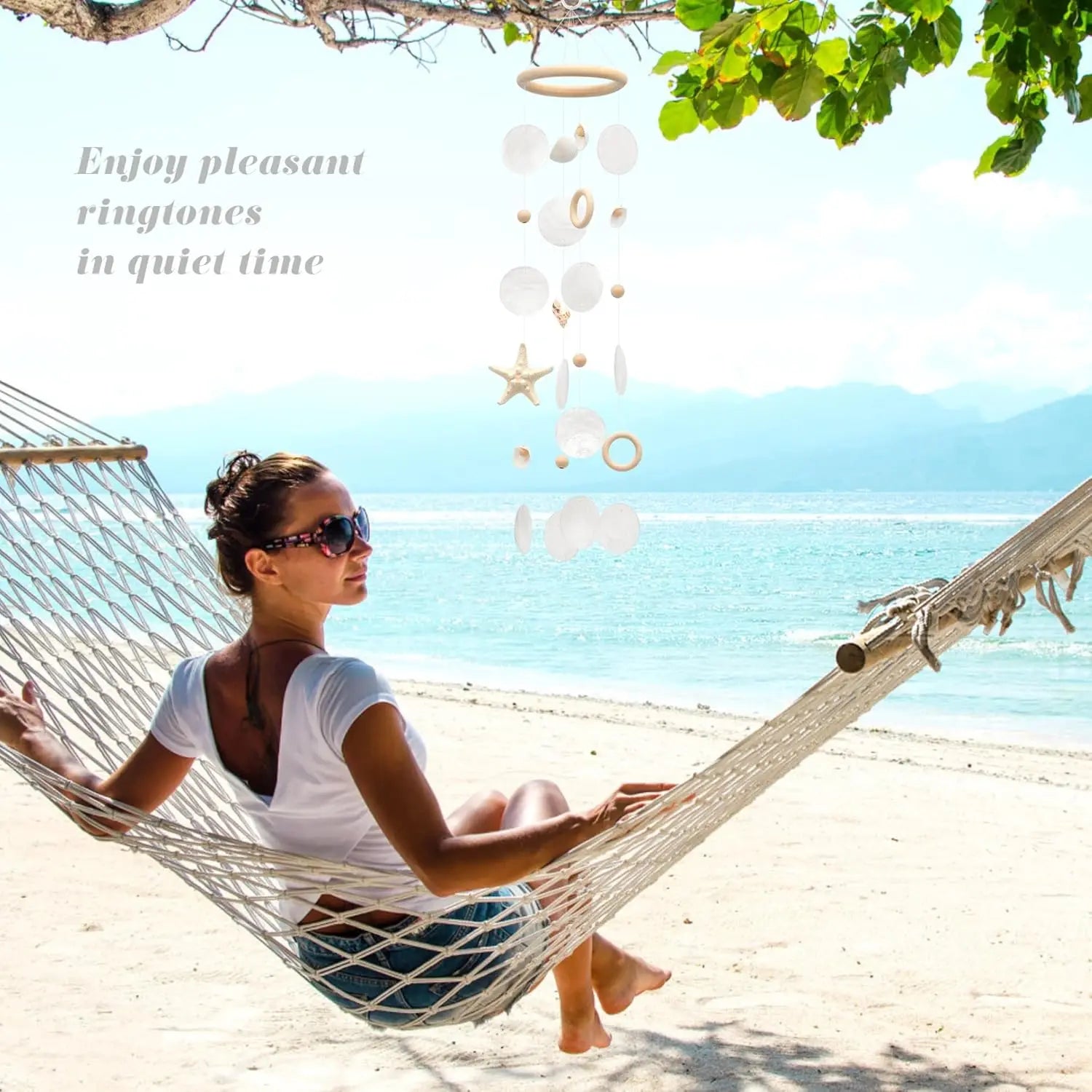 Sea Shells Wind Chimes - Handcrafted White Capiz Shells Windchime with Starfish, Coastal Style Decor for Indoor/Outdoors