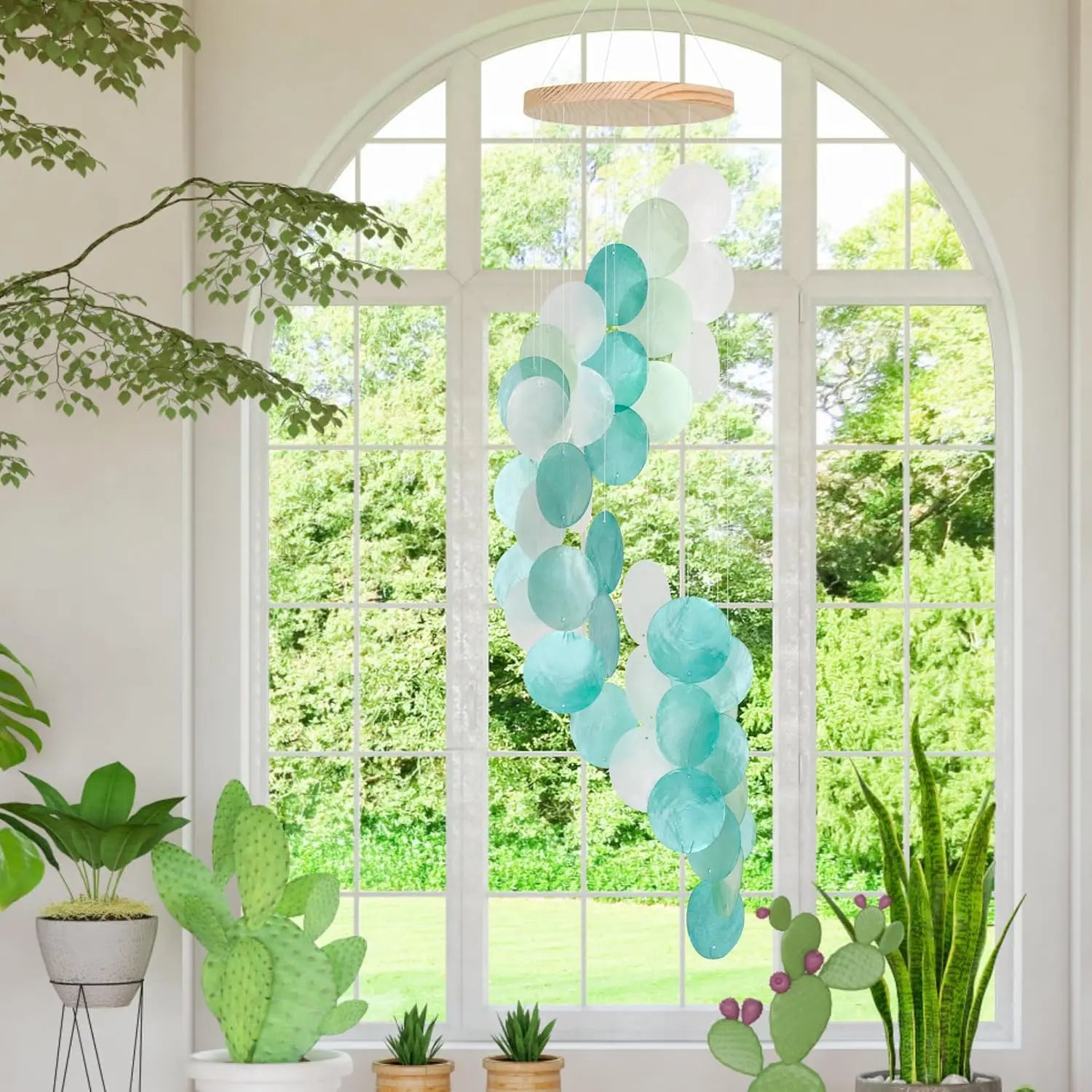 Seashell Wind Chimes for Outside - Handcrafted Spiral Shape Capiz Shells Windchime Coastal Style Decor