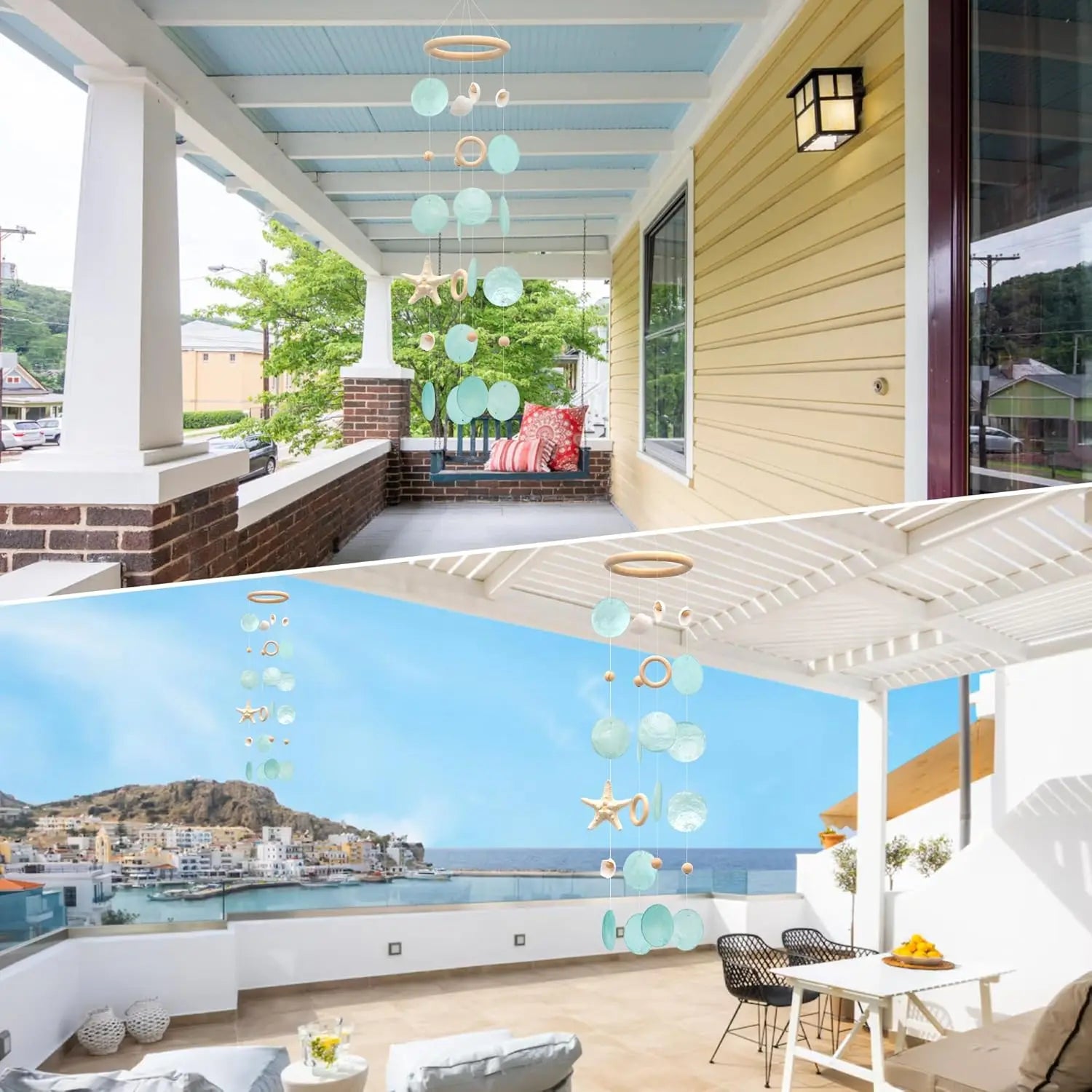 Sea Shells Wind Chimes - Handcrafted White Capiz Shells Windchime with Starfish, Coastal Style Decor for Indoor/Outdoors