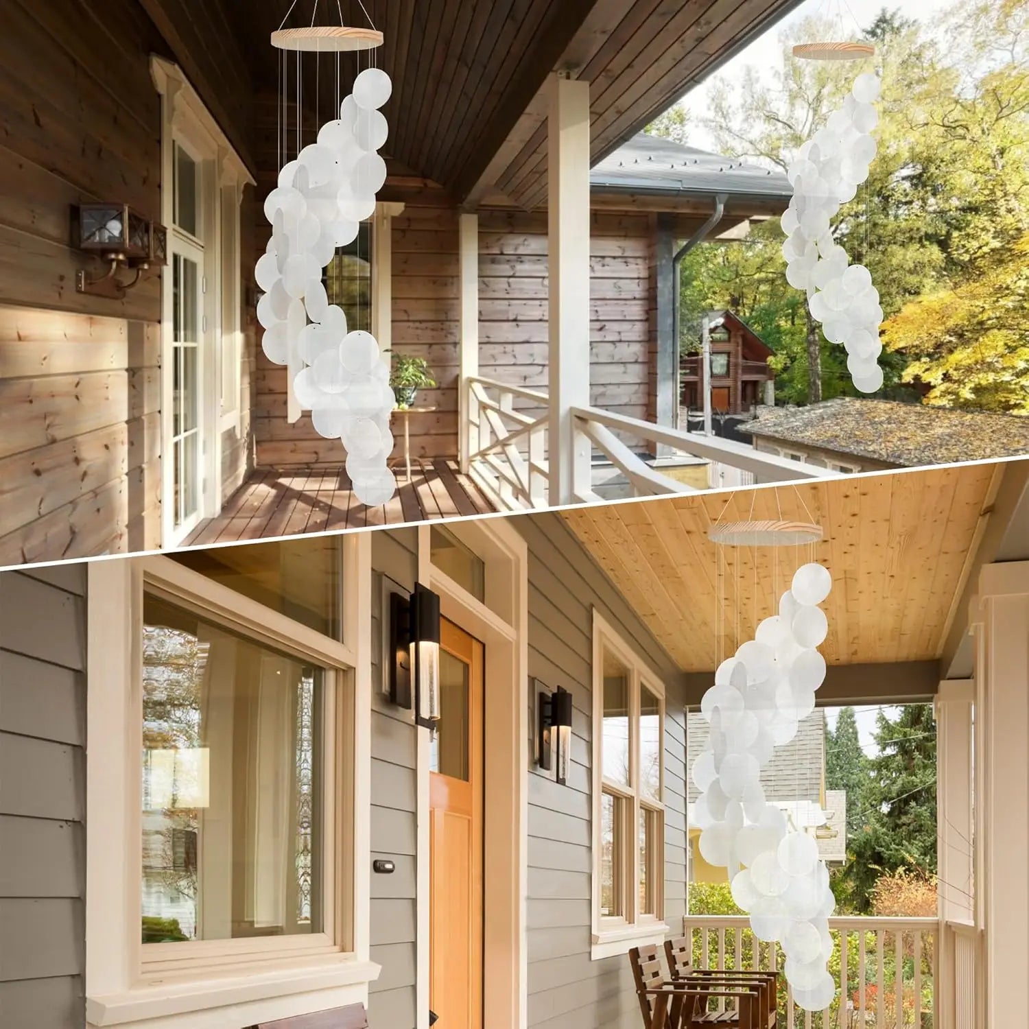 Seashell Wind Chimes for Outside - Handcrafted White Spiral Shape Capiz Shells Windchime Coastal Style Decor for Indoor/Outdoors