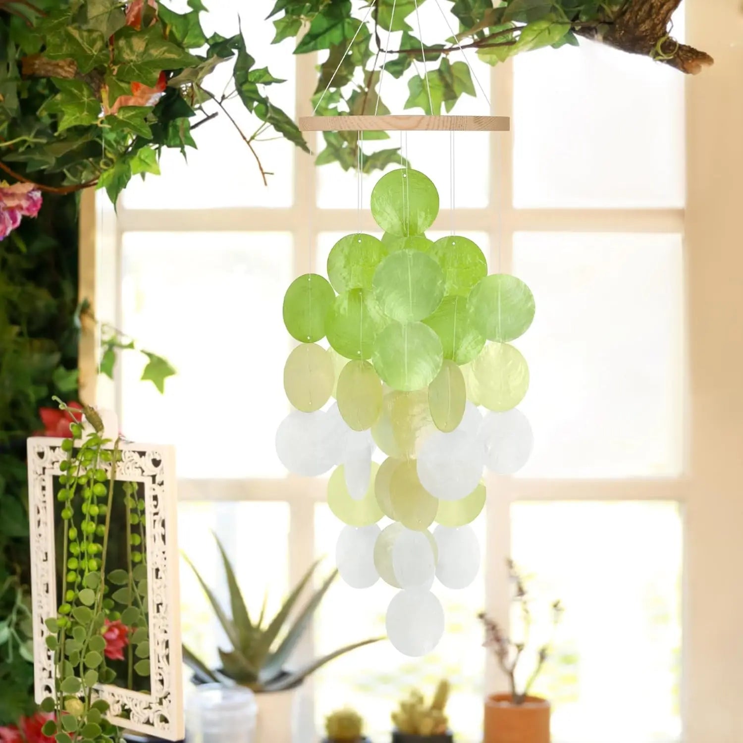 Seashell Wind Chimes for Outside - Handcrafted White Moon Shape Capiz Shells Windchime Bohemian & Coastal Style Decor