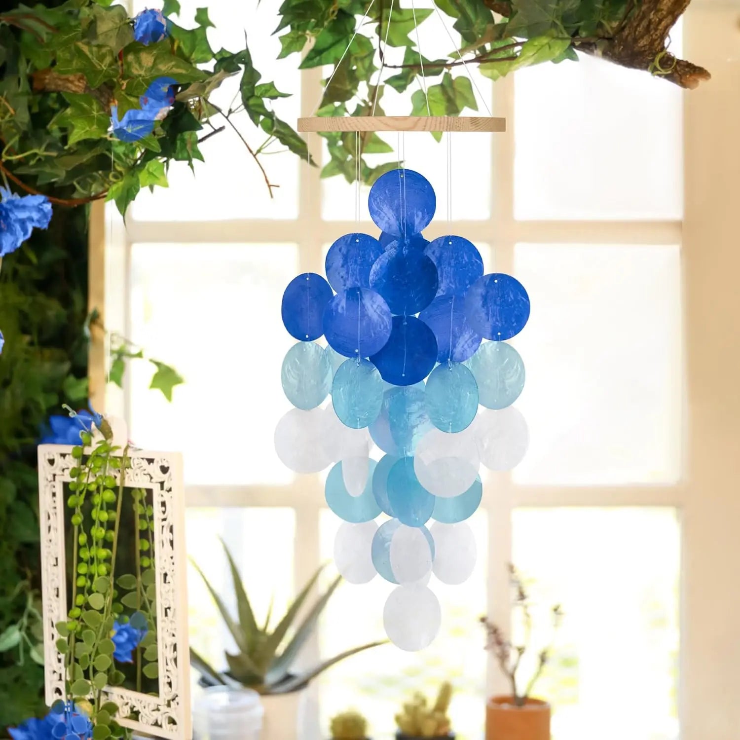 Wind Chimes for Outside, Handcrafted Blue Gradient Capiz Shells Windchime Coastal Style Decor for Indoor/Outdoors