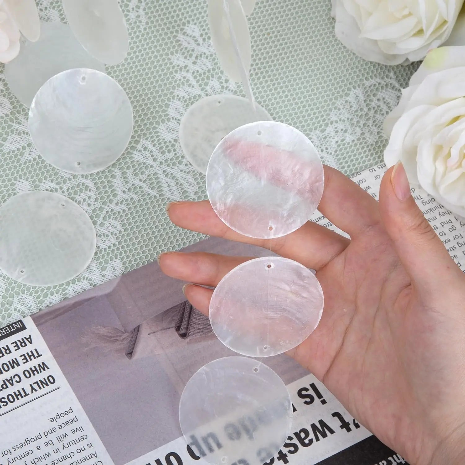 Seashell Wind Chimes for Outside - Handcrafted White Moon Shape Capiz Shells Windchime Bohemian & Coastal Style Decor