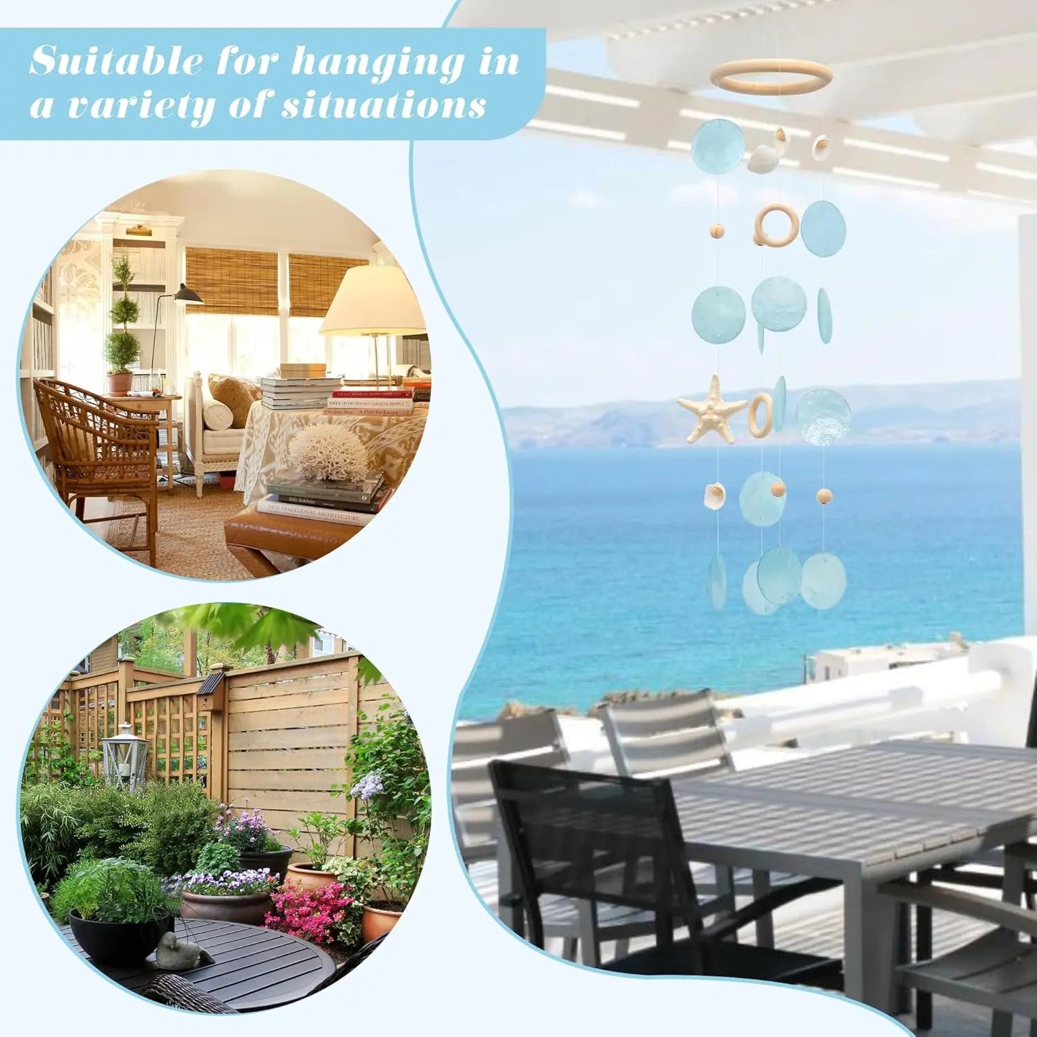 Sea Shells Wind Chimes - Handcrafted Blue Capiz Shells Windchime with Starfish, Coastal Style Decor for Indoor/Outdoors