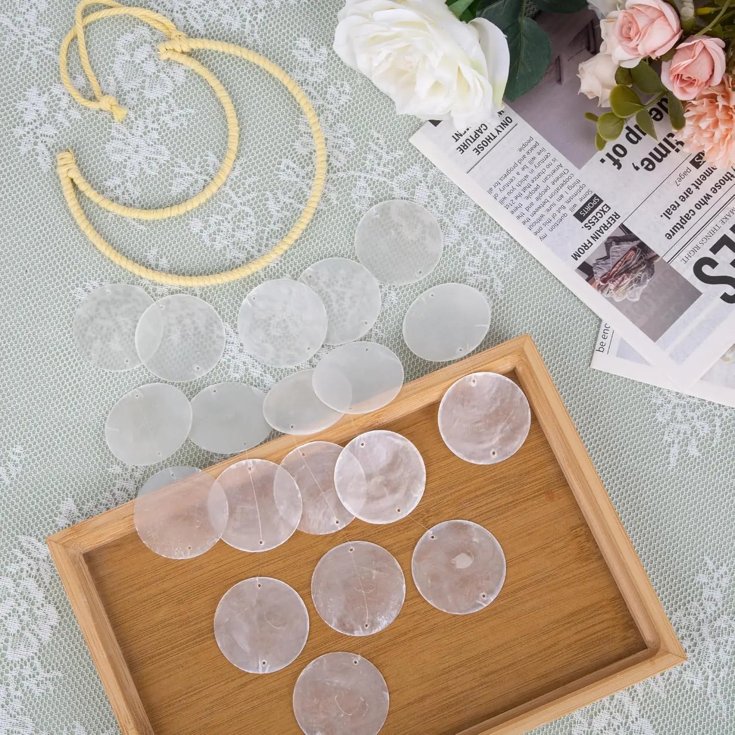 Seashell Wind Chimes for Outside - Handcrafted White Moon Shape Capiz Shells Windchime Bohemian & Coastal Style Decor