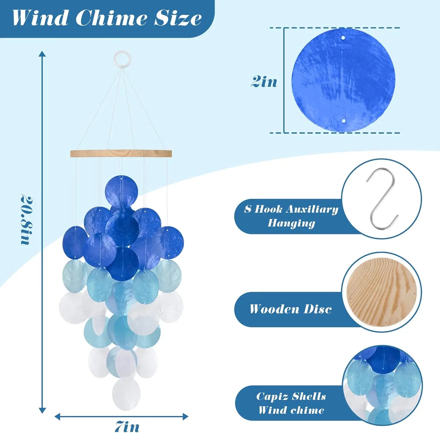 Wind Chimes for Outside, Handcrafted Blue Gradient Capiz Shells Windchime Coastal Style Decor for Indoor/Outdoors