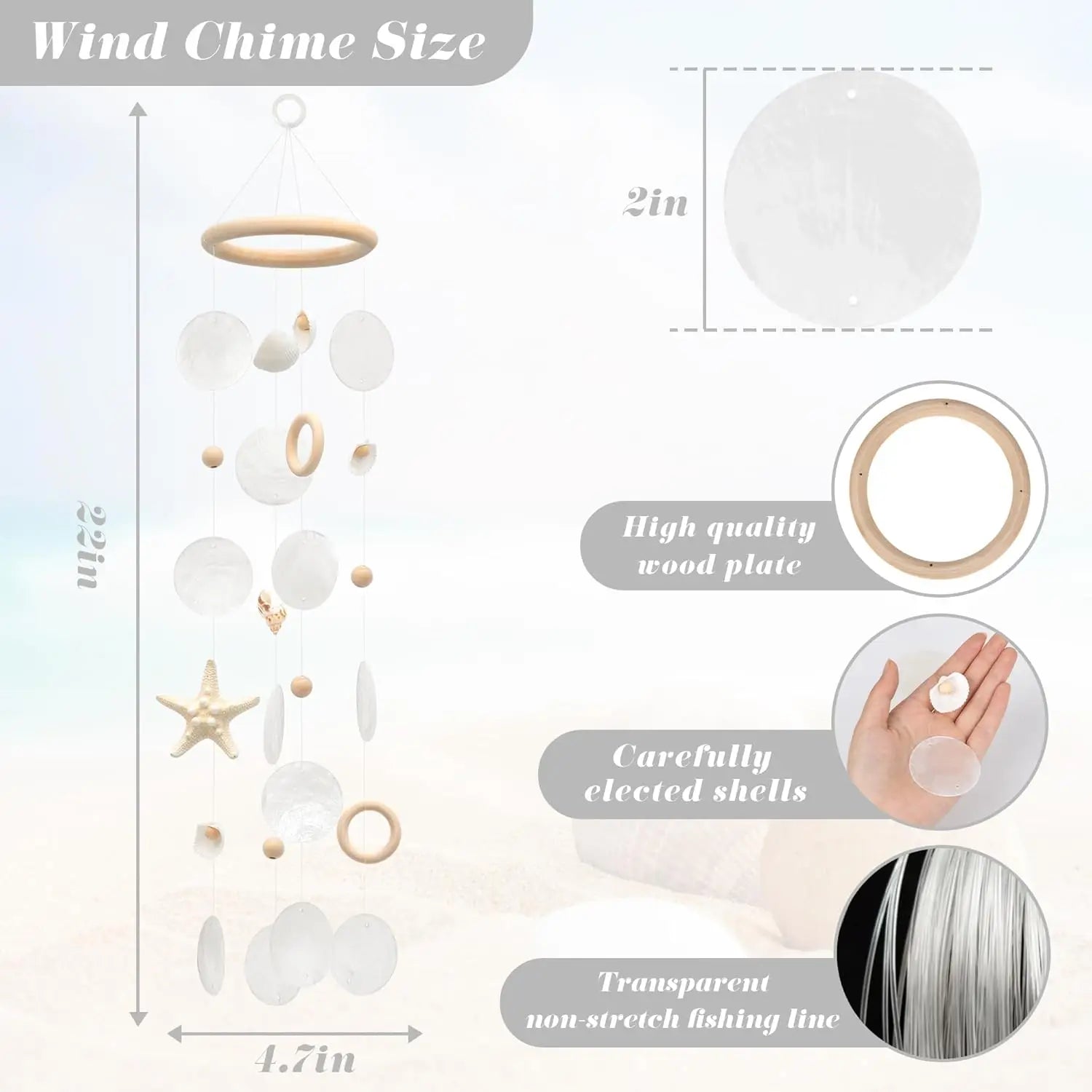 Sea Shells Wind Chimes - Handcrafted White Capiz Shells Windchime with Starfish, Coastal Style Decor for Indoor/Outdoors