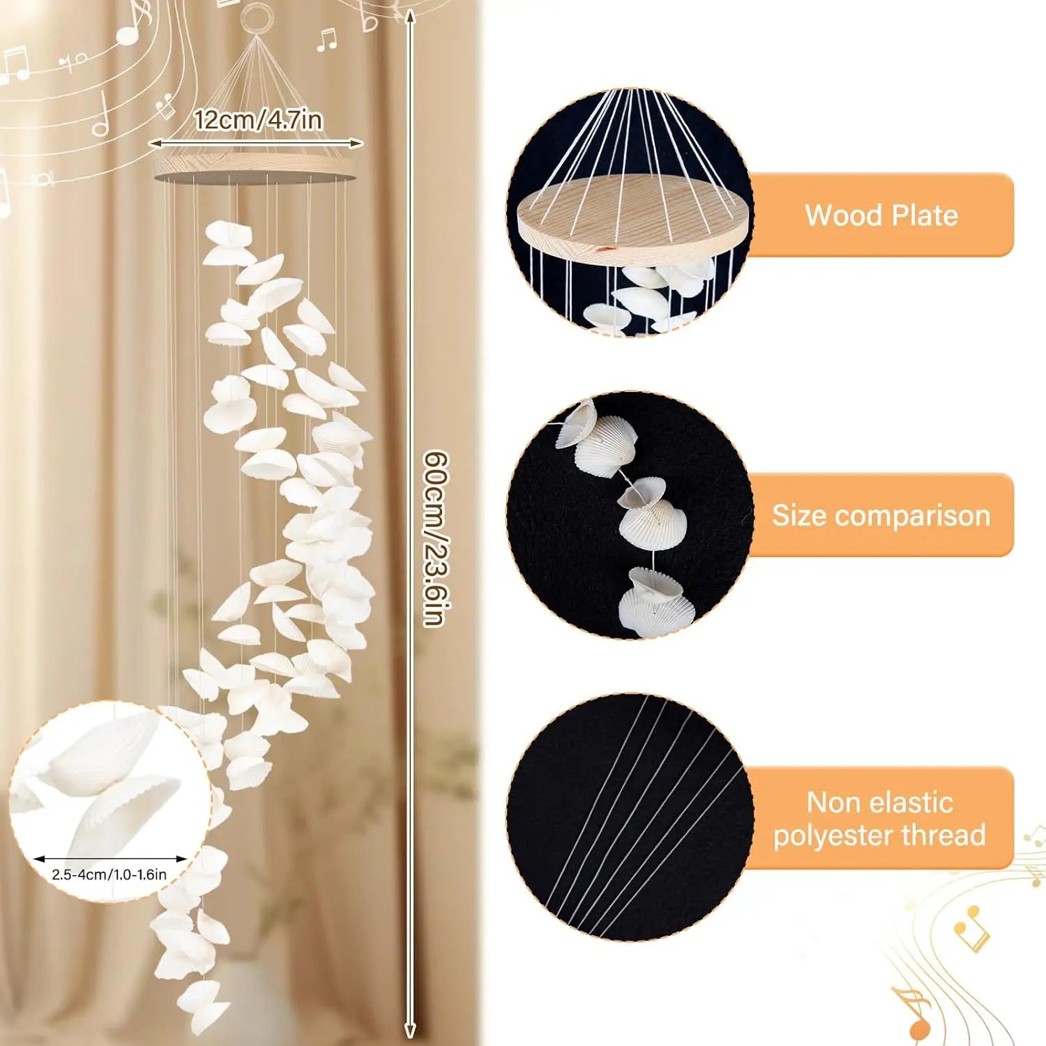 White Seashells Wind Chimes for Outside, Handmade Spiral Shape Beach Style Shells Windchime for Patio and Garden Hanging Decor