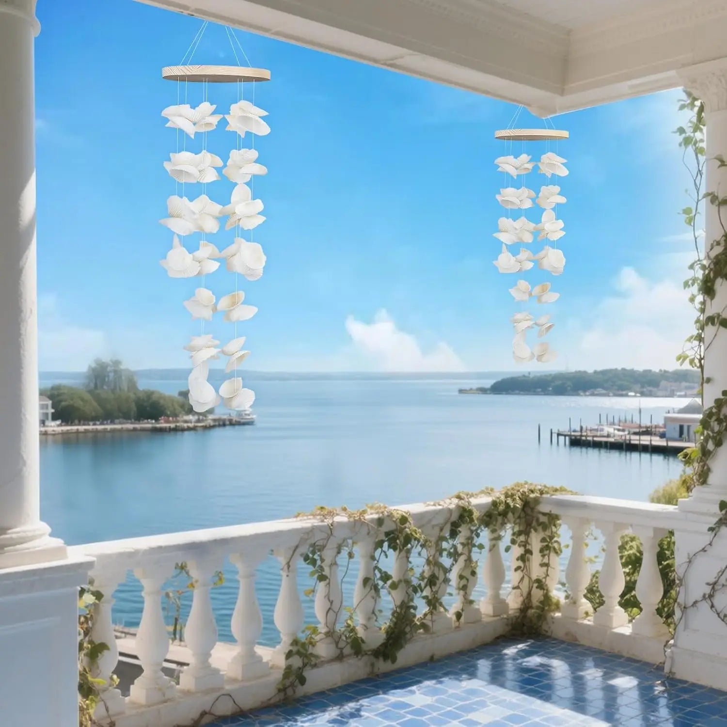 White Sea Shell Wind Chimes for Outside, Handmade Beach Style Windchime for Patio and Garden Decor,