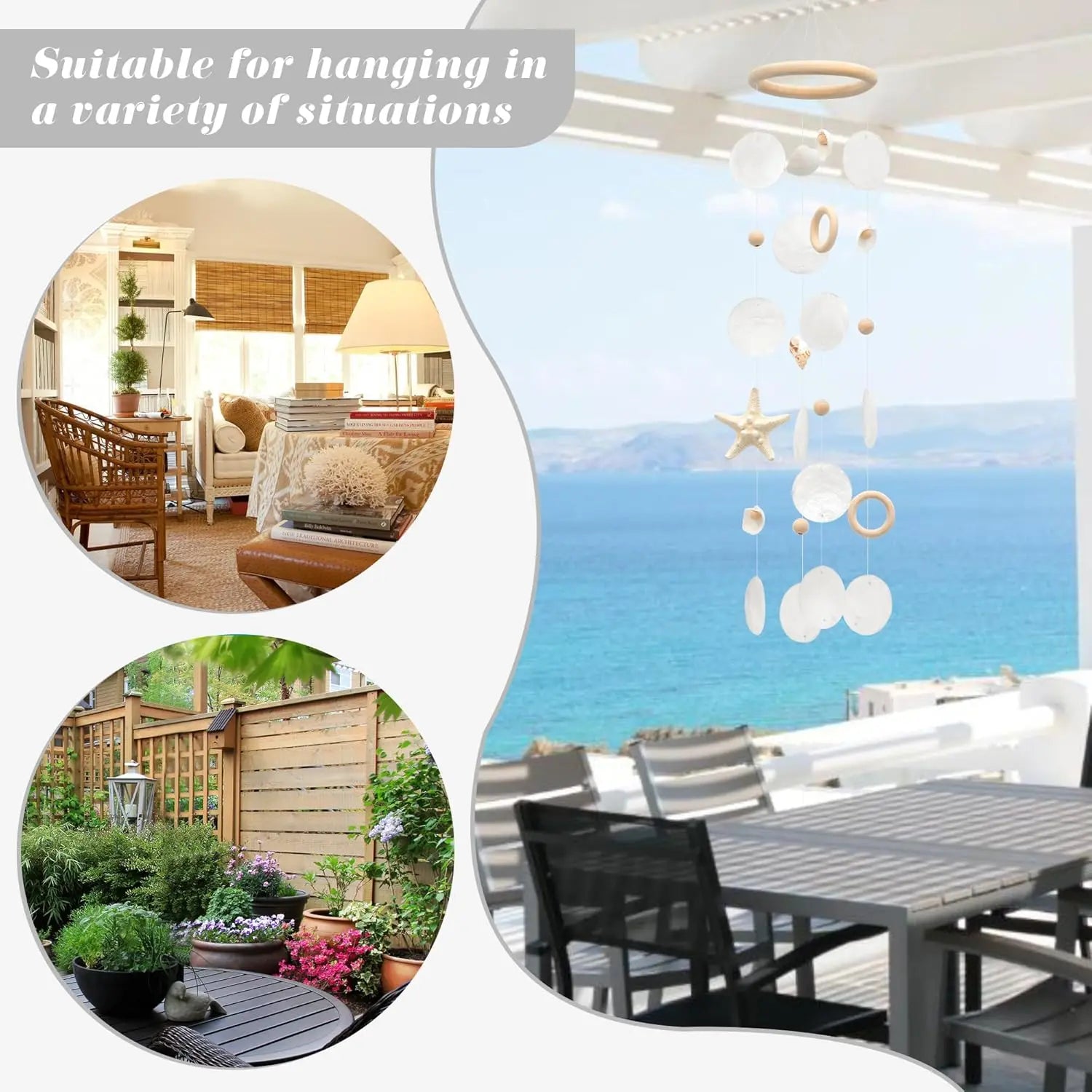 Sea Shells Wind Chimes - Handcrafted White Capiz Shells Windchime with Starfish, Coastal Style Decor for Indoor/Outdoors