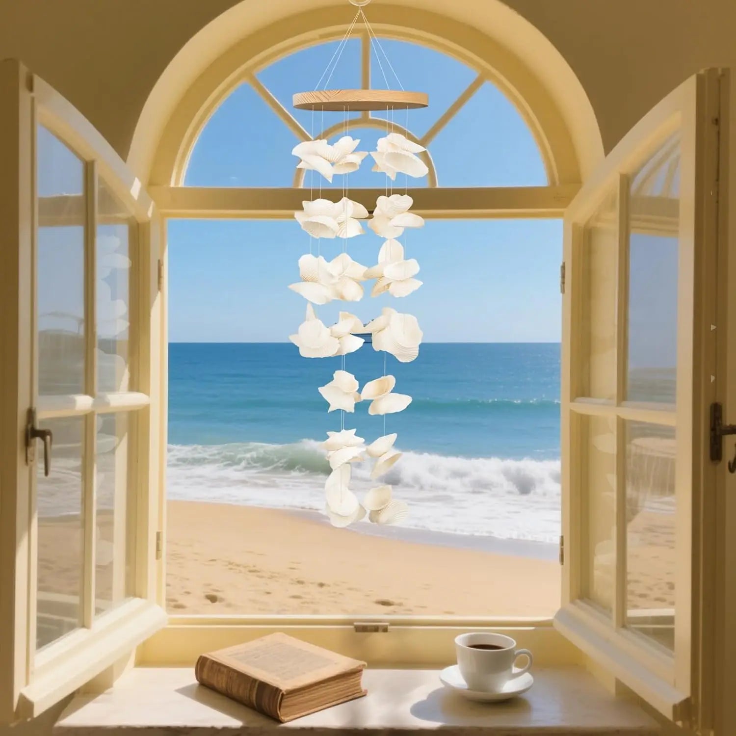 White Sea Shell Wind Chimes for Outside, Handmade Beach Style Windchime for Patio and Garden Decor,