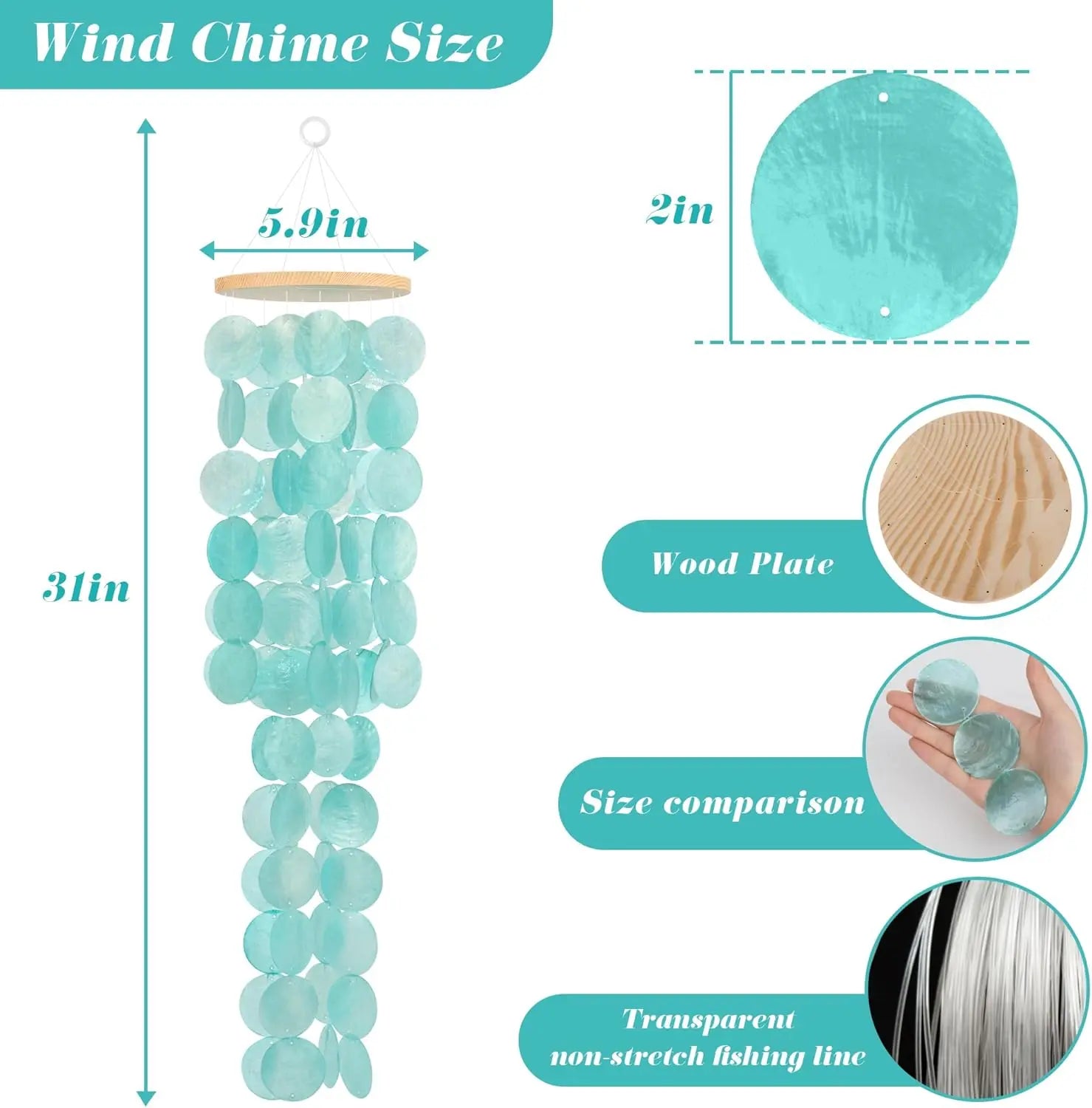 Wind Chimes for Outside - 31'' Handcrafted Turquoise Capiz Shells Windchime Coastal Style Decor
