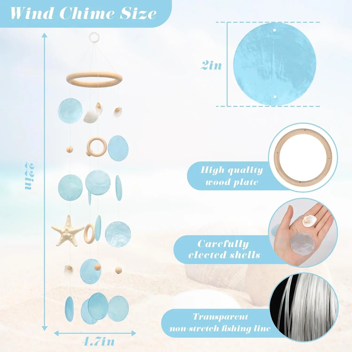 Sea Shells Wind Chimes - Handcrafted Blue Capiz Shells Windchime with Starfish, Coastal Style Decor for Indoor/Outdoors