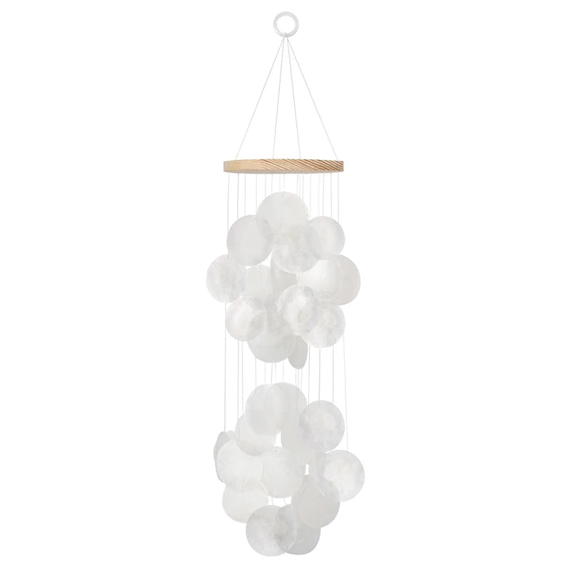 Seashell Wind Chimes for Outside - Handcrafted White Moon Shape Capiz Shells Windchime Bohemian & Coastal Style Decor