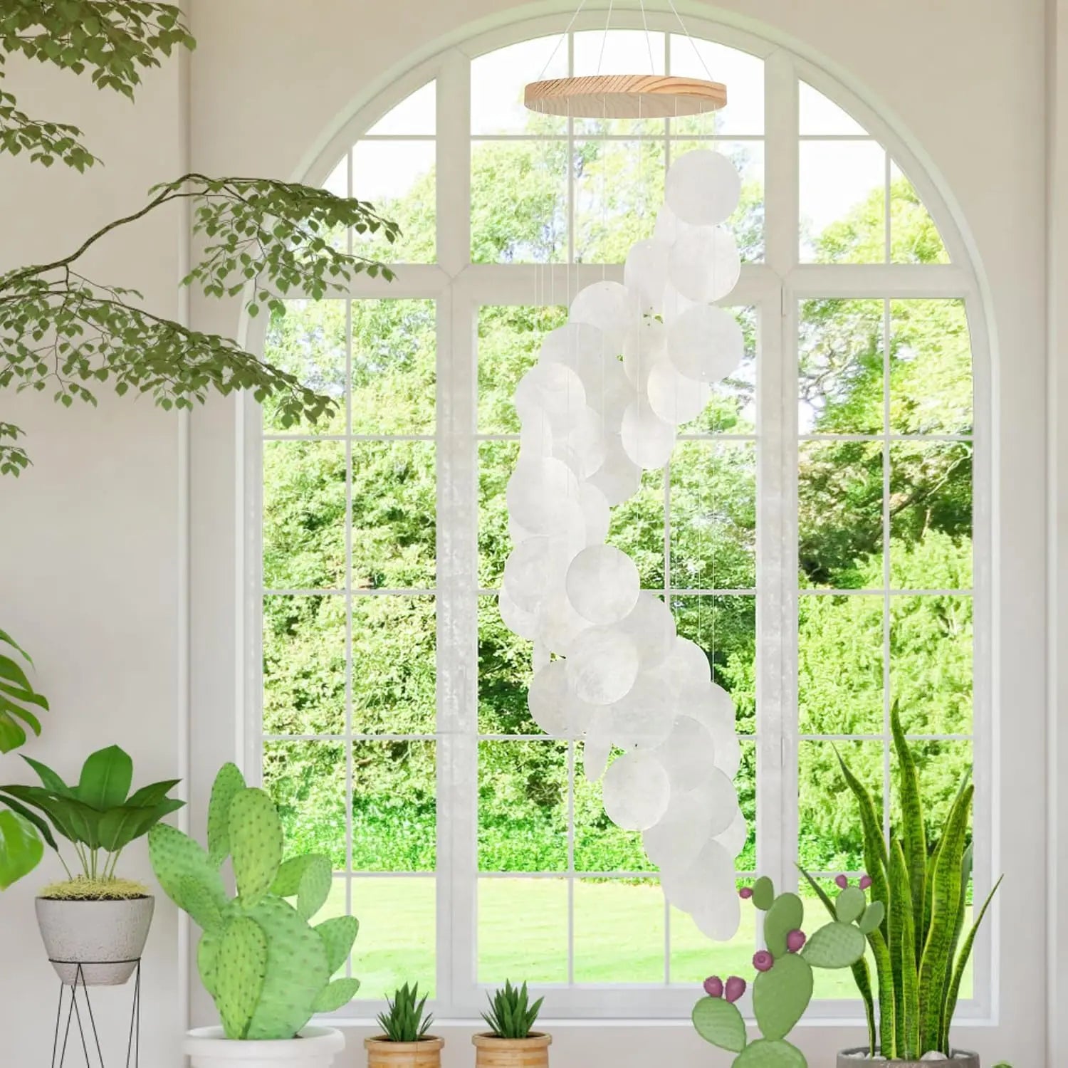 Seashell Wind Chimes for Outside - Handcrafted White Spiral Shape Capiz Shells Windchime Coastal Style Decor for Indoor/Outdoors