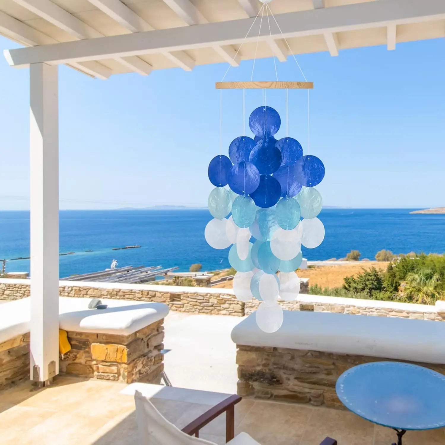 Wind Chimes for Outside, Handcrafted Blue Gradient Capiz Shells Windchime Coastal Style Decor for Indoor/Outdoors