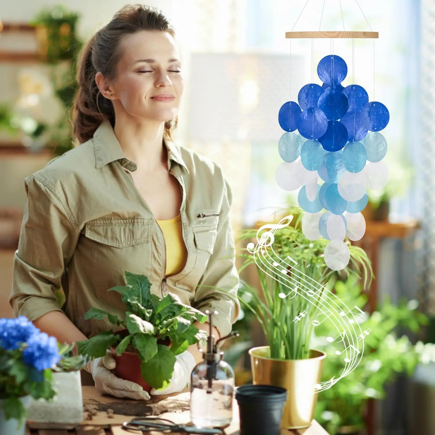 Wind Chimes for Outside, Handcrafted Blue Gradient Capiz Shells Windchime Coastal Style Decor for Indoor/Outdoors