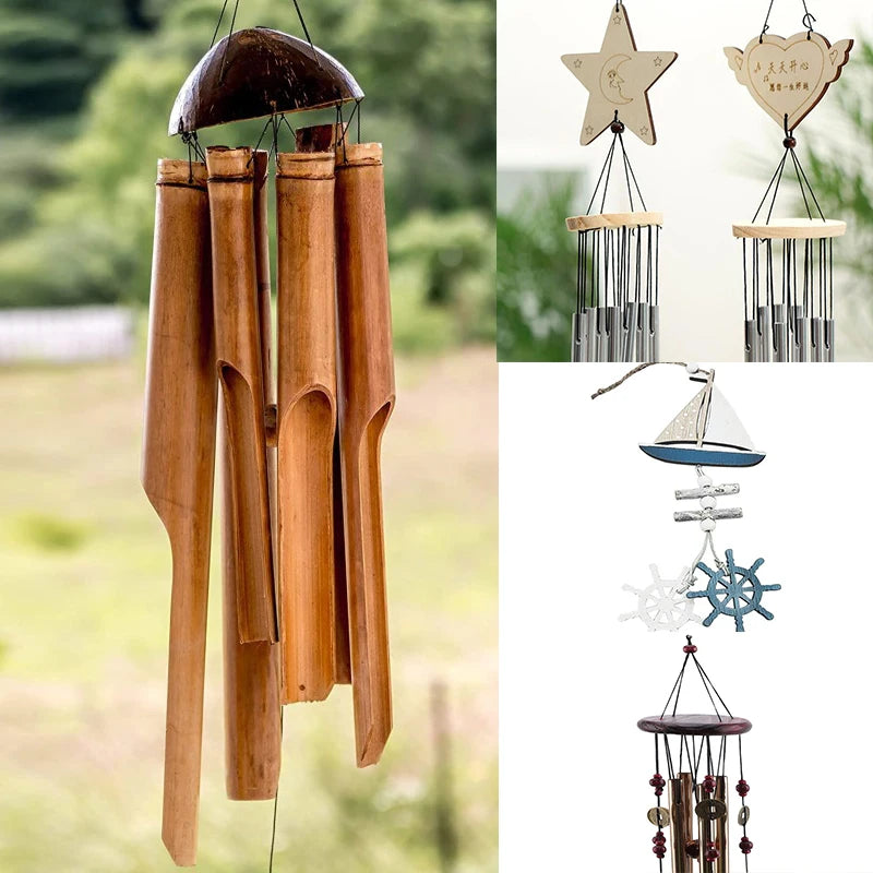 1pc Bamboo Wind Chime Light Color Five Tube Natural Coconut Shell Wood Garden & Home Hanging Door Decoration Handmade Craft Gift