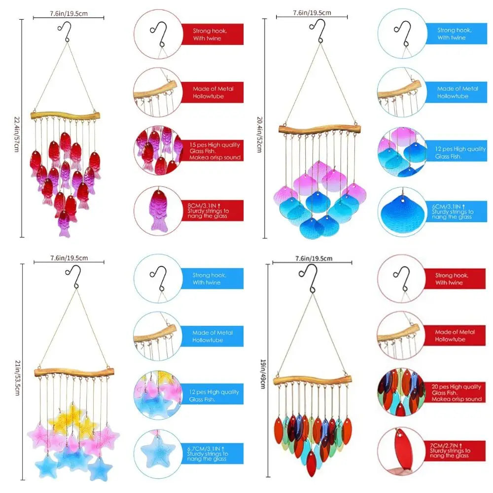 Creative Fish Shaped Wind Chime Crafts Colorful Colored Glass Wind Chime Exquisite Shell Light Collection Pendant Beach Parties