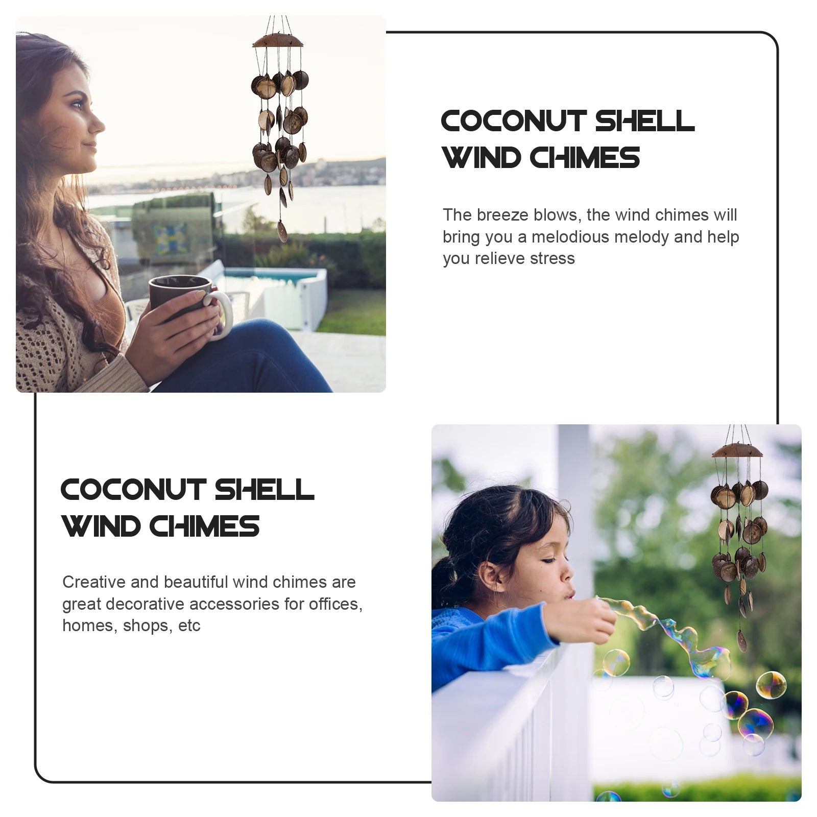 1Pc Artistic Coconut Shell Wind Chimes Beautiful Melodious Sound Home Decor Gift For Family Friends