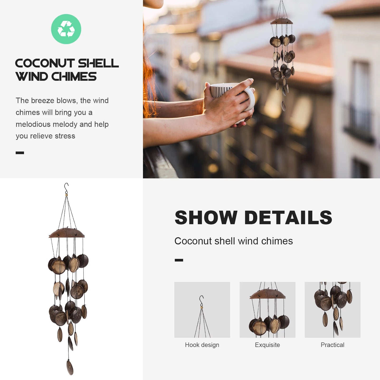 1Pc Artistic Coconut Shell Wind Chimes Beautiful Melodious Sound Home Decor Gift For Family Friends